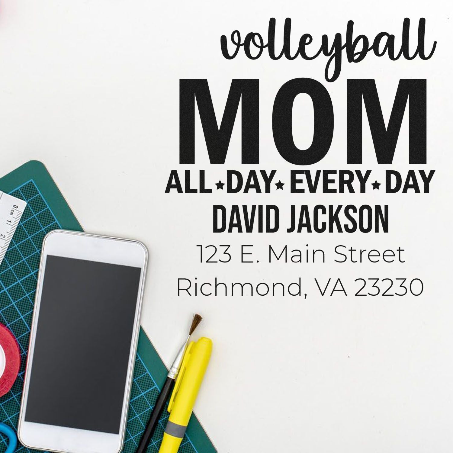 Personalized volleyball mom rubber stamp mockup with name, address and slogan for custom stationery and crafts.