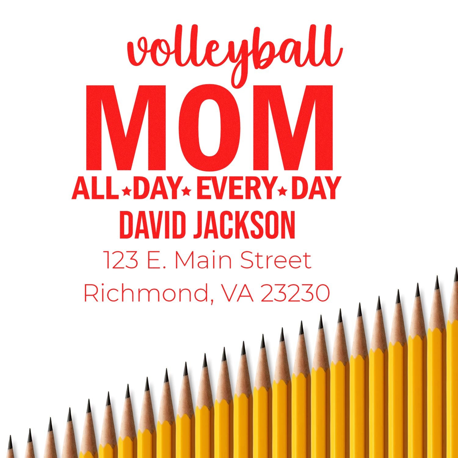 Personalized volleyball mom rubber stamp design with name and address for David Jackson, Richmond, VA.