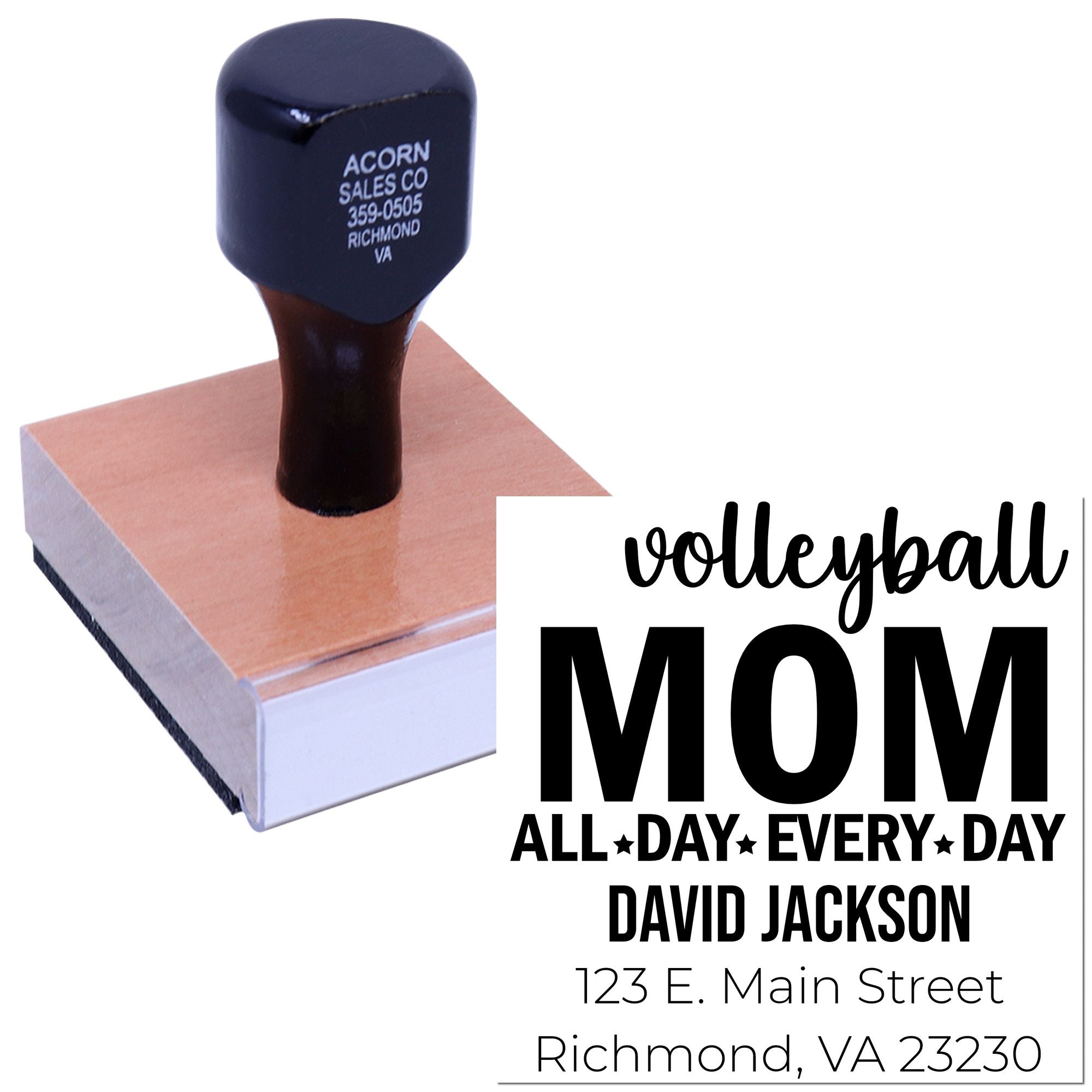 Personalized volleyball mom rubber stamp with custom name and address, perfect for stationery, crafts, and gift packaging.