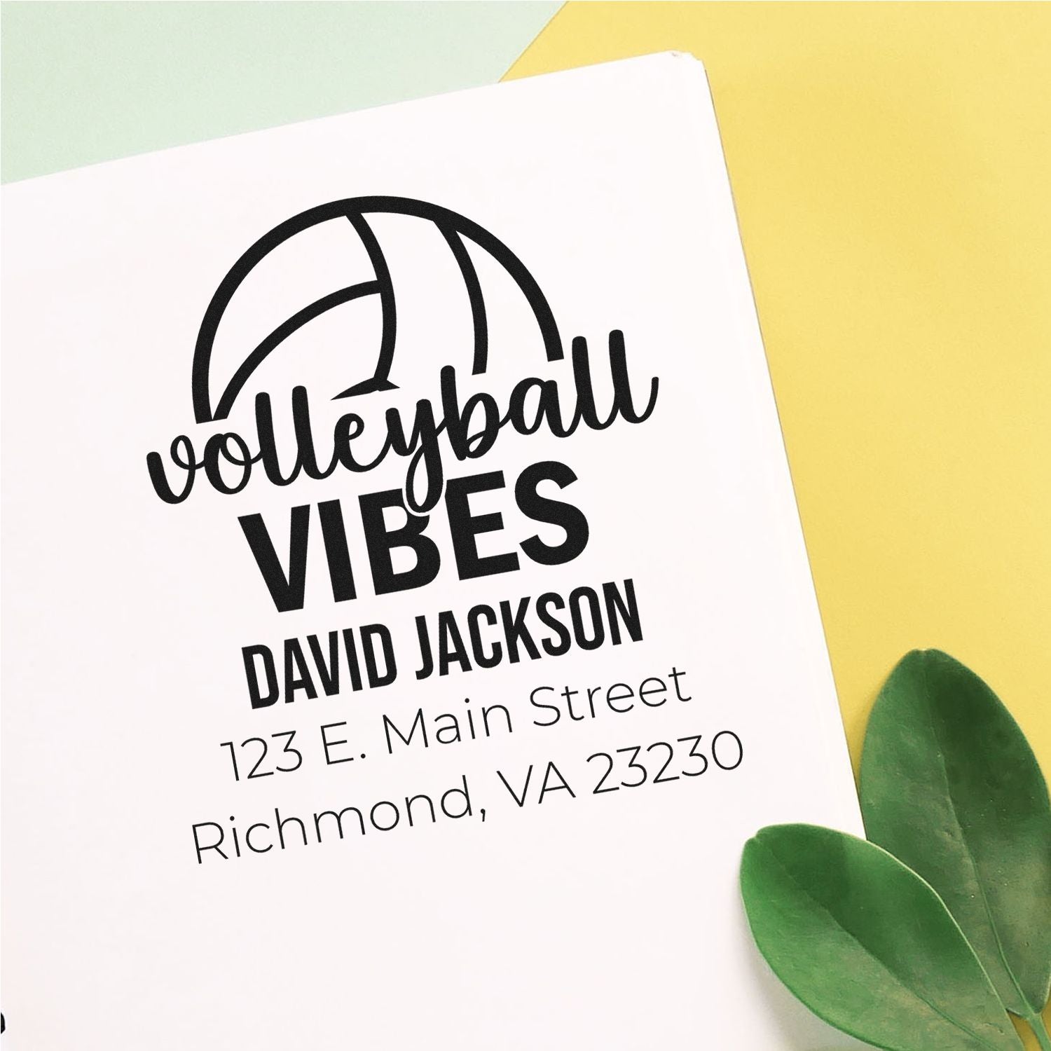 Personalized volleyball vibes rubber stamp with name and address for team stationery, gifts, and sports-themed mailing.