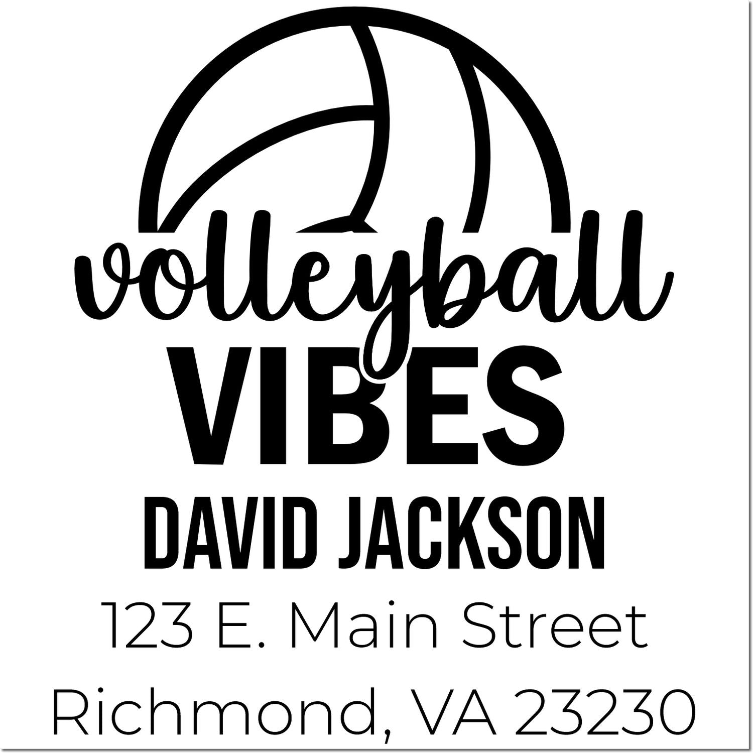 Custom volleyball vibes rubber stamp with volleyball graphic, David Jackson, and Richmond, VA return address.