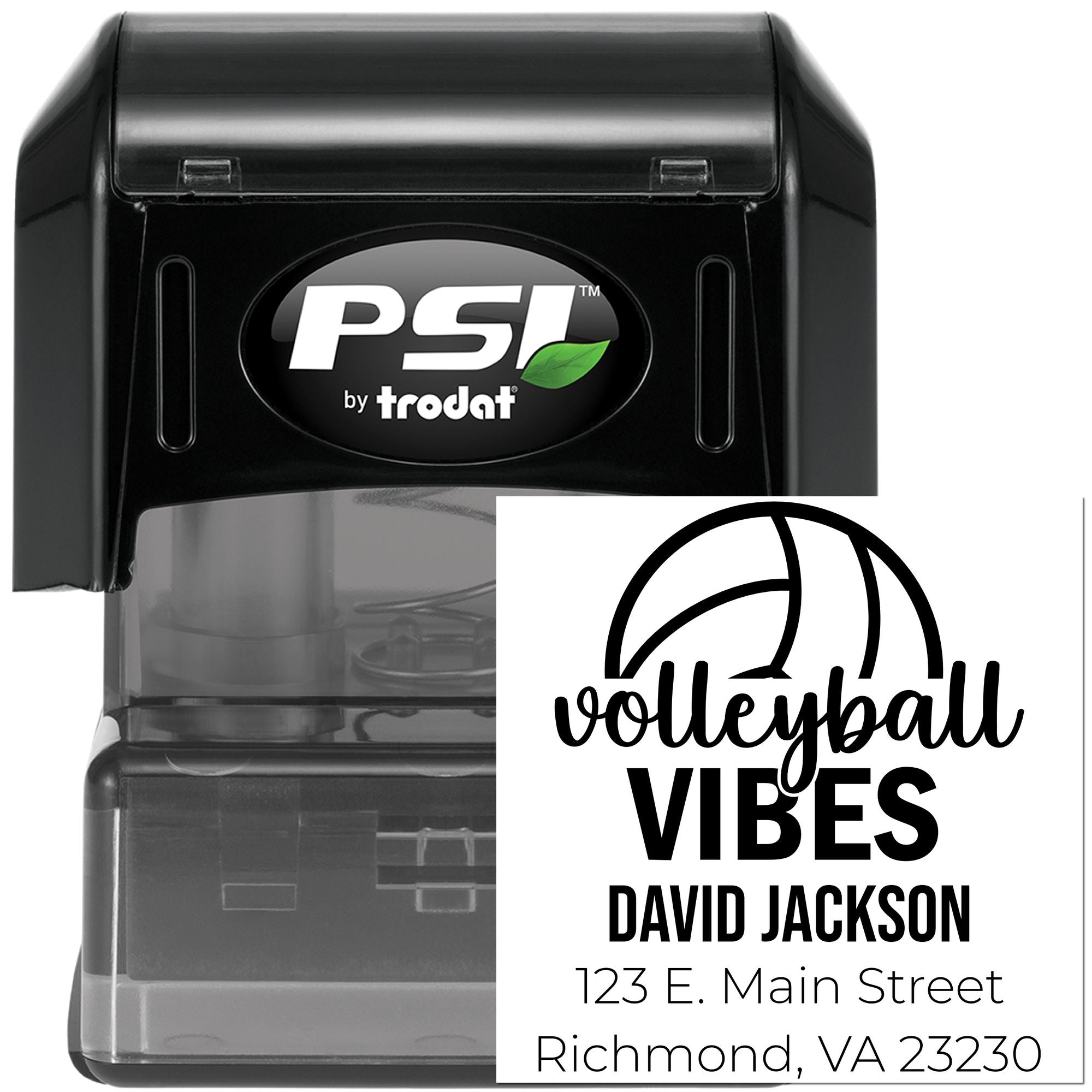Custom self-inking rubber stamp with volleyball vibes return address design, PSI by Trodat, for personalized mail and packaging.