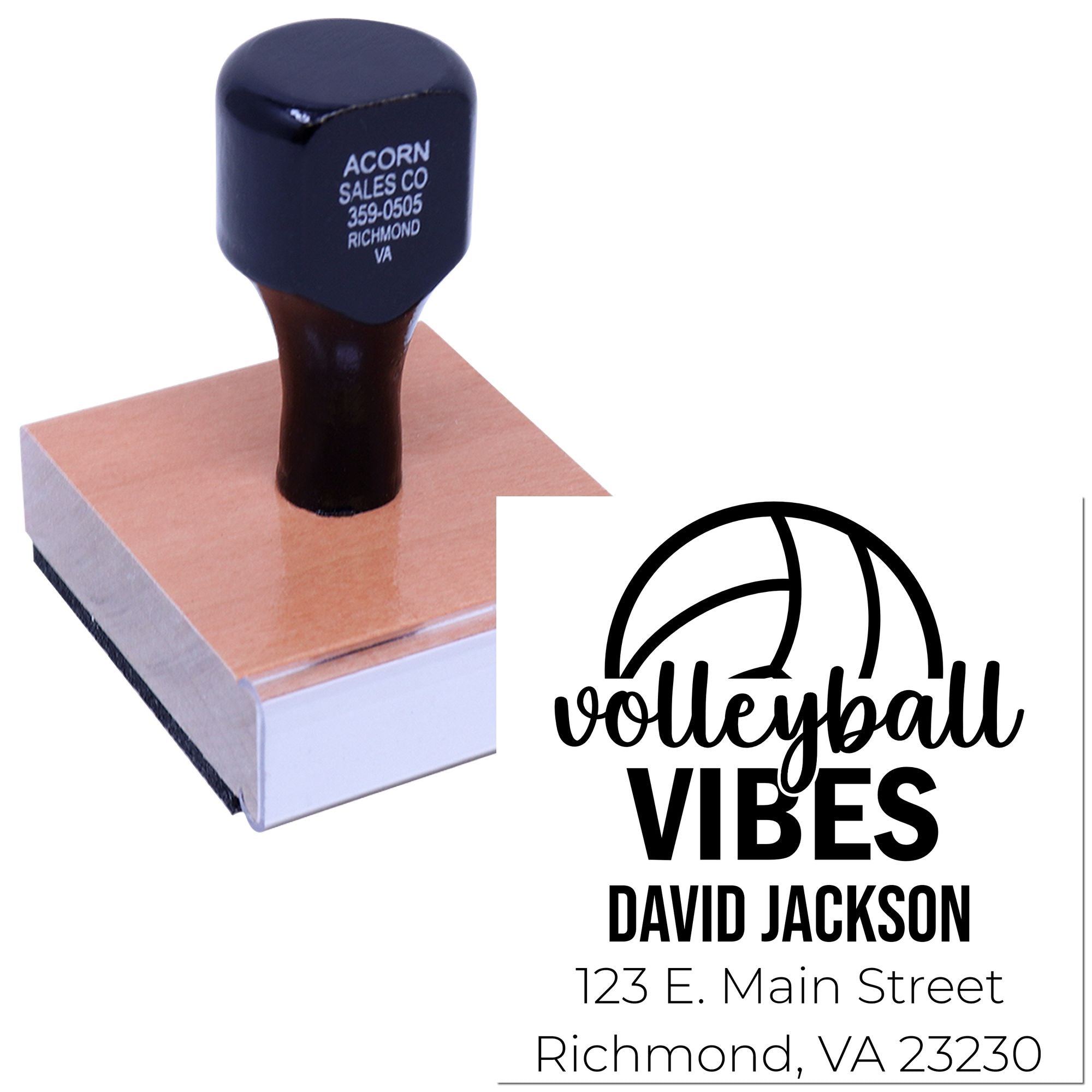 Personalized volleyball vibes rubber stamp for David Jackson with custom name and address.