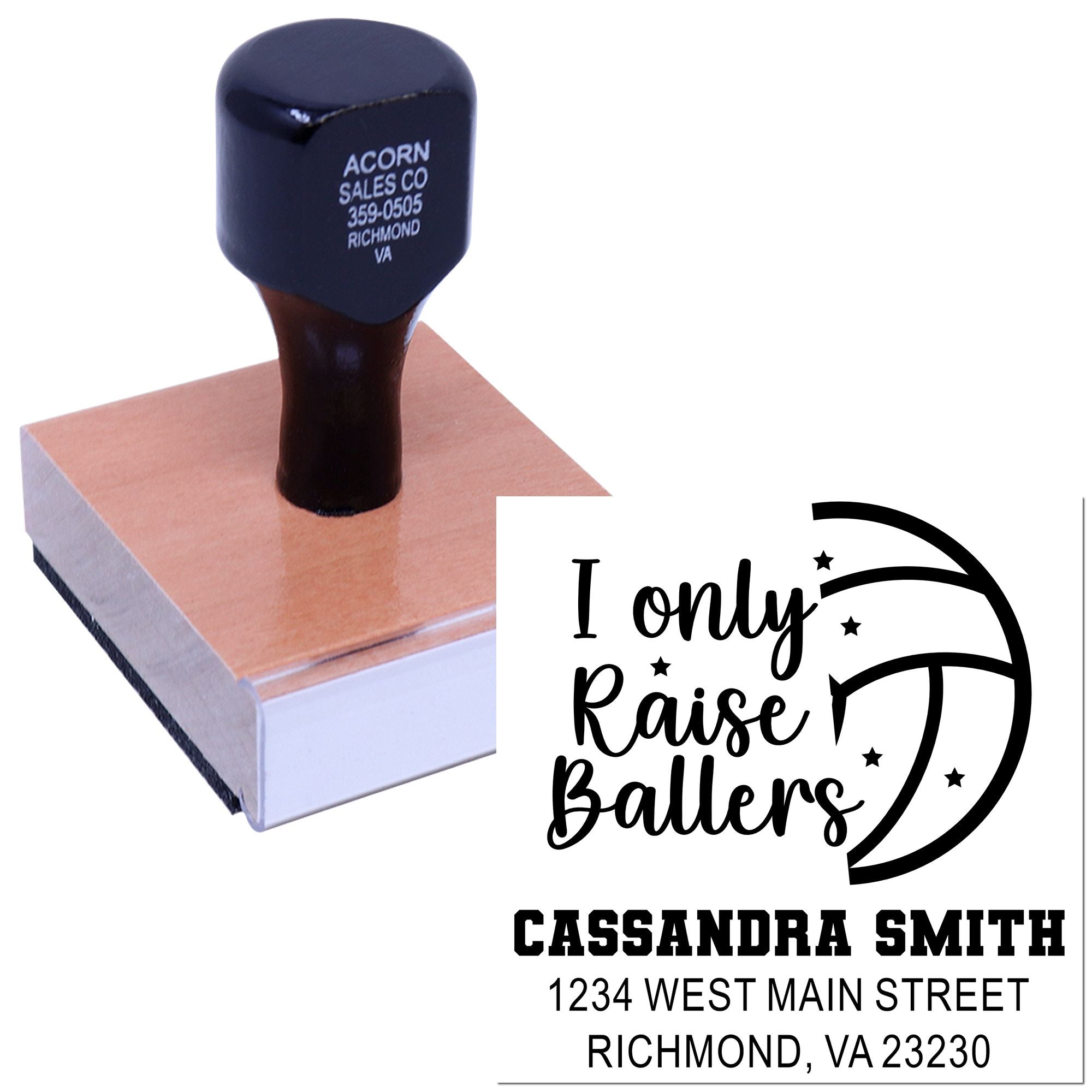 Custom rubber stamp with I Only Raise Ballers design, personalized name, and address for basketball-themed branding.