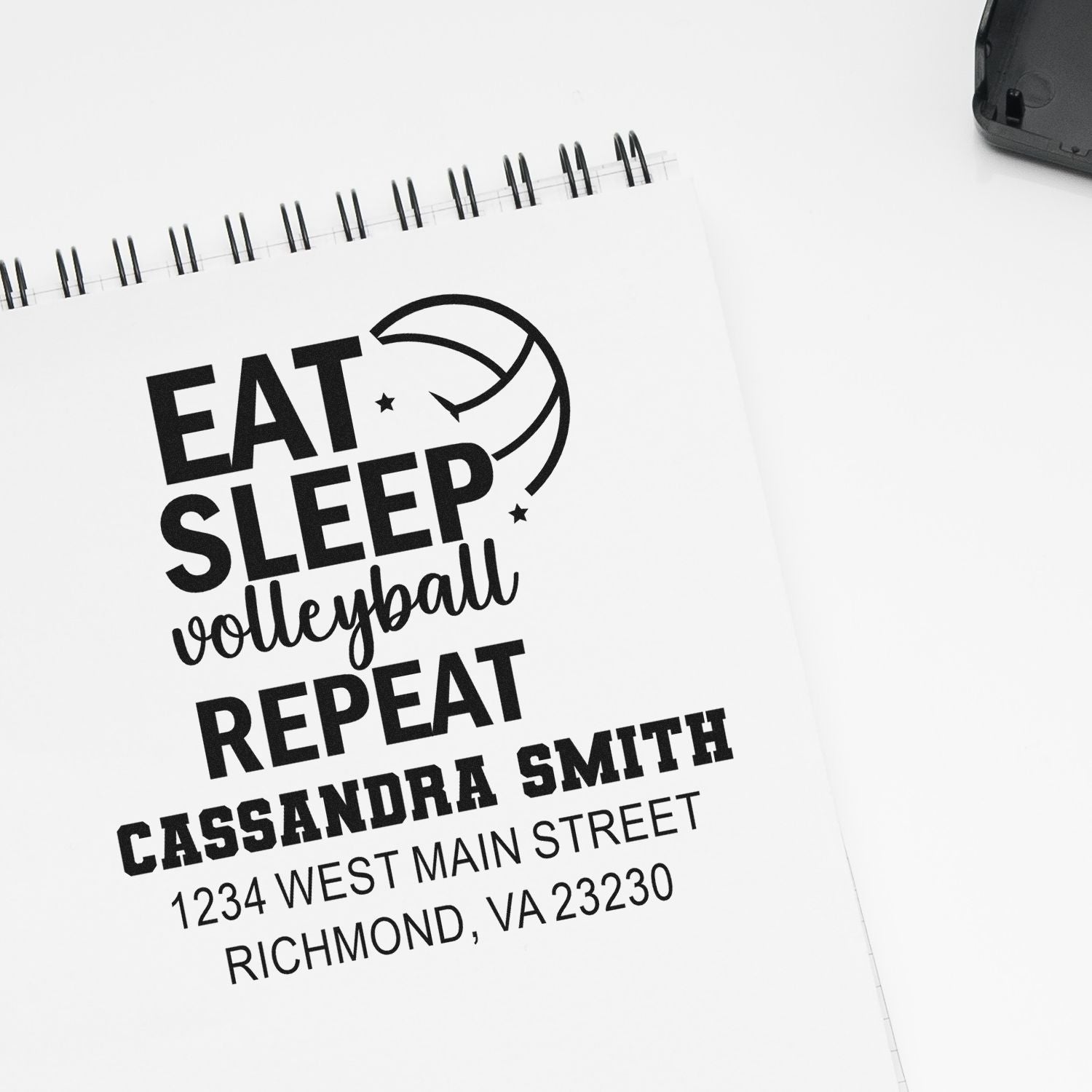 Personalized Eat Sleep Volleyball Repeat rubber stamp with return address for Cassandra Smith, Richmond, VA.