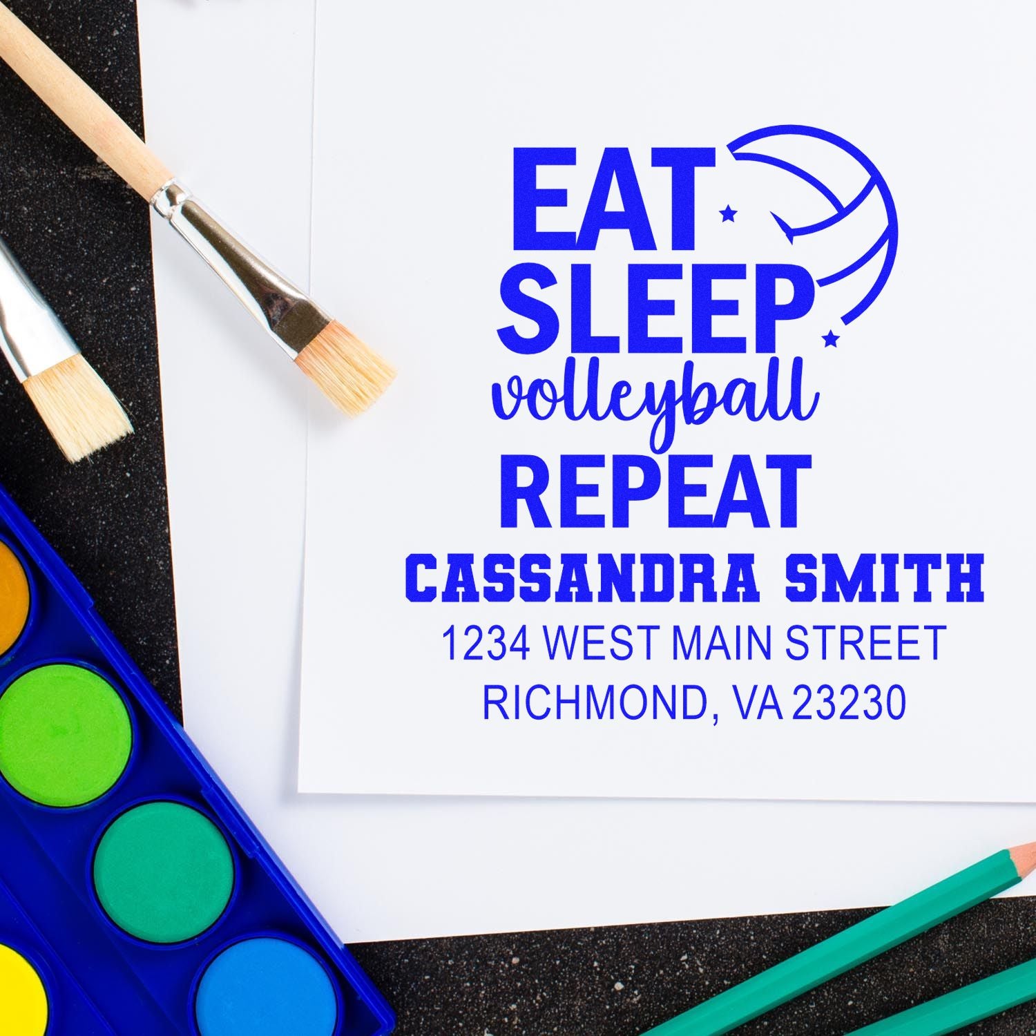 Personalized volleyball rubber stamp design with name and address, reading Eat Sleep Volleyball Repeat.