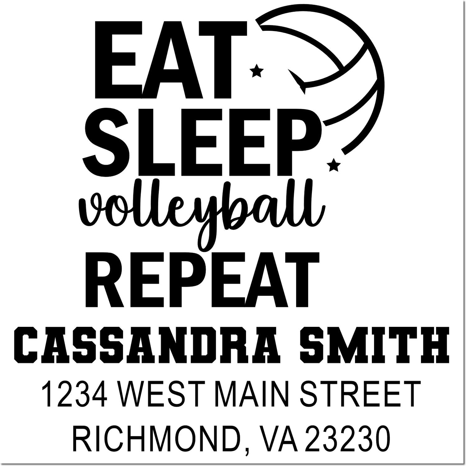 Custom volleyball rubber stamp design with Eat Sleep Repeat slogan, Cassandra Smith name, and Richmond, VA address.
