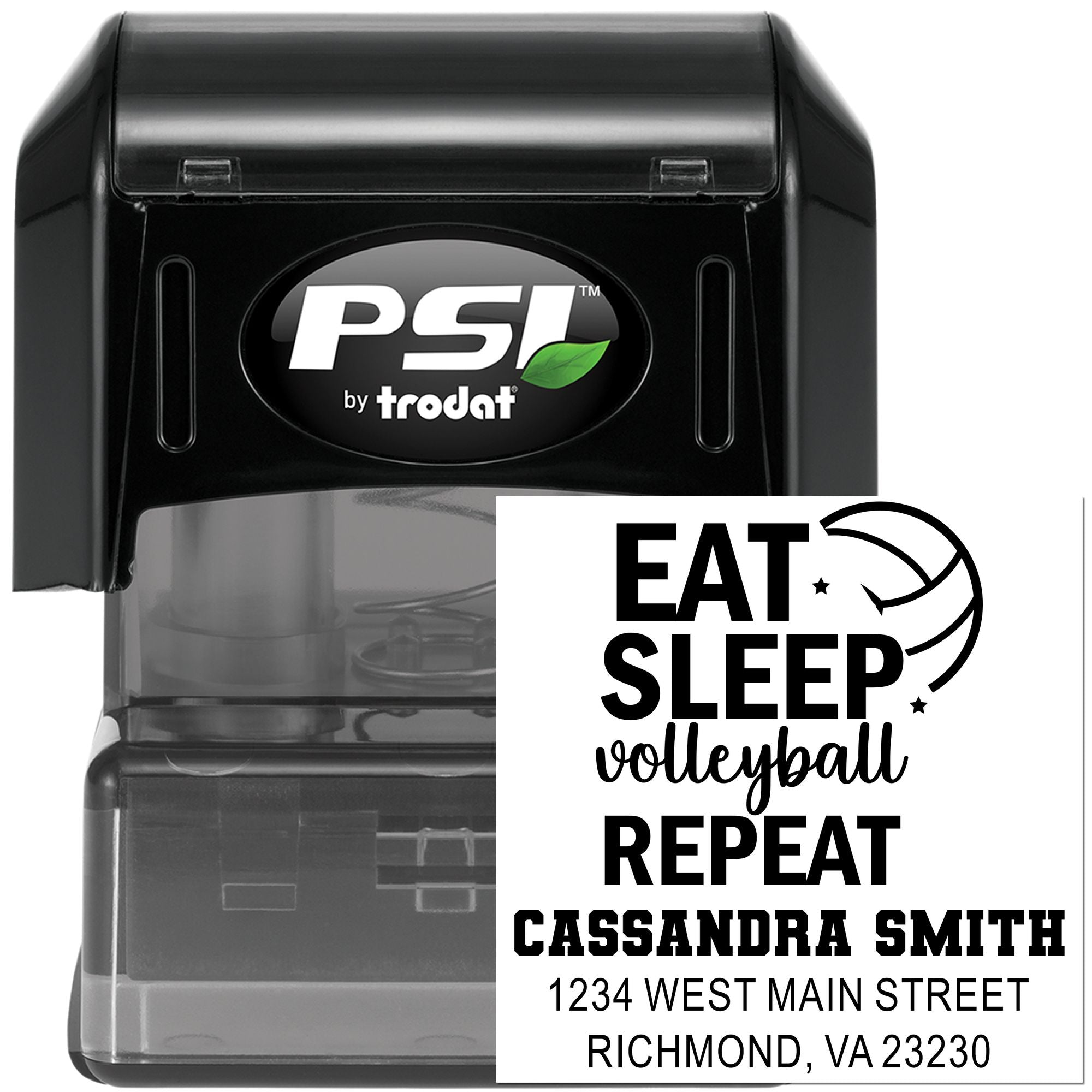 PSI by Trodat self-inking rubber stamp with custom Eat Sleep Volleyball Repeat address imprint for Cassandra Smith.