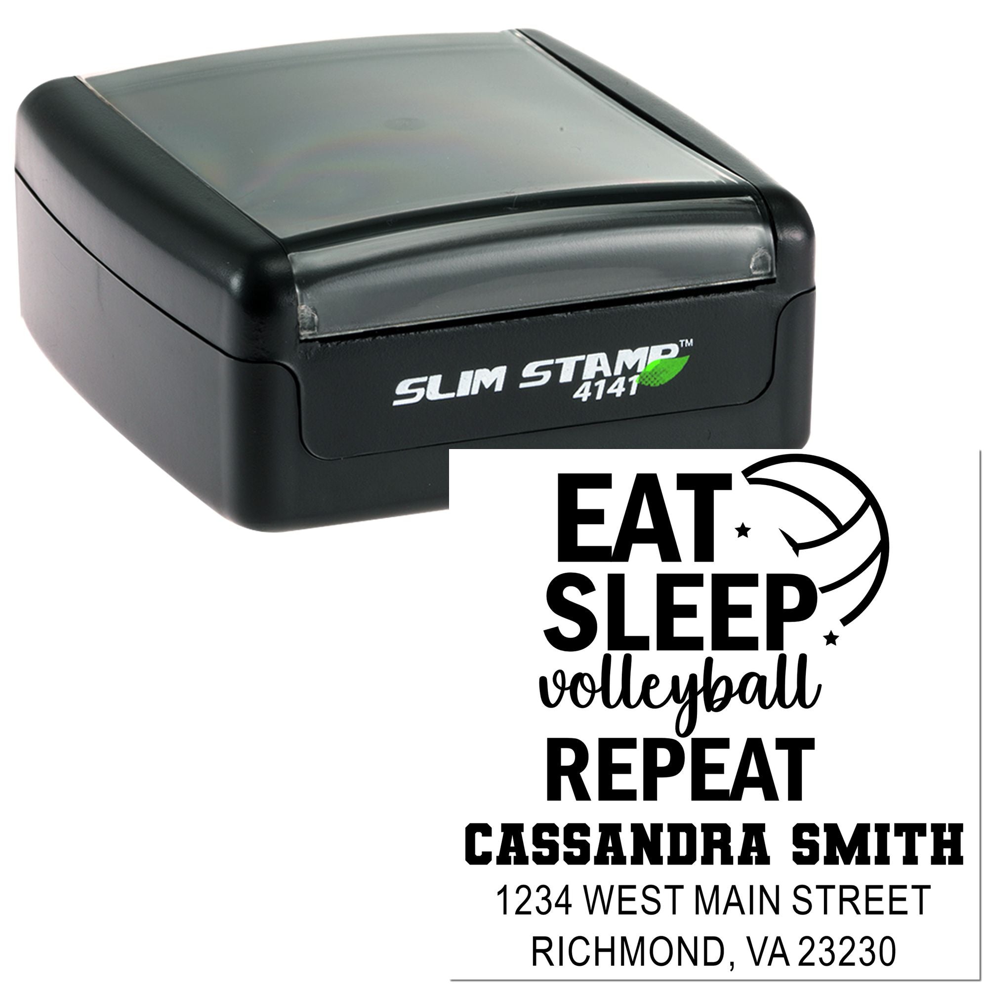 Custom self-inking rubber stamp for volleyball, featuring an Eat Sleep Repeat design with personalized name and address.