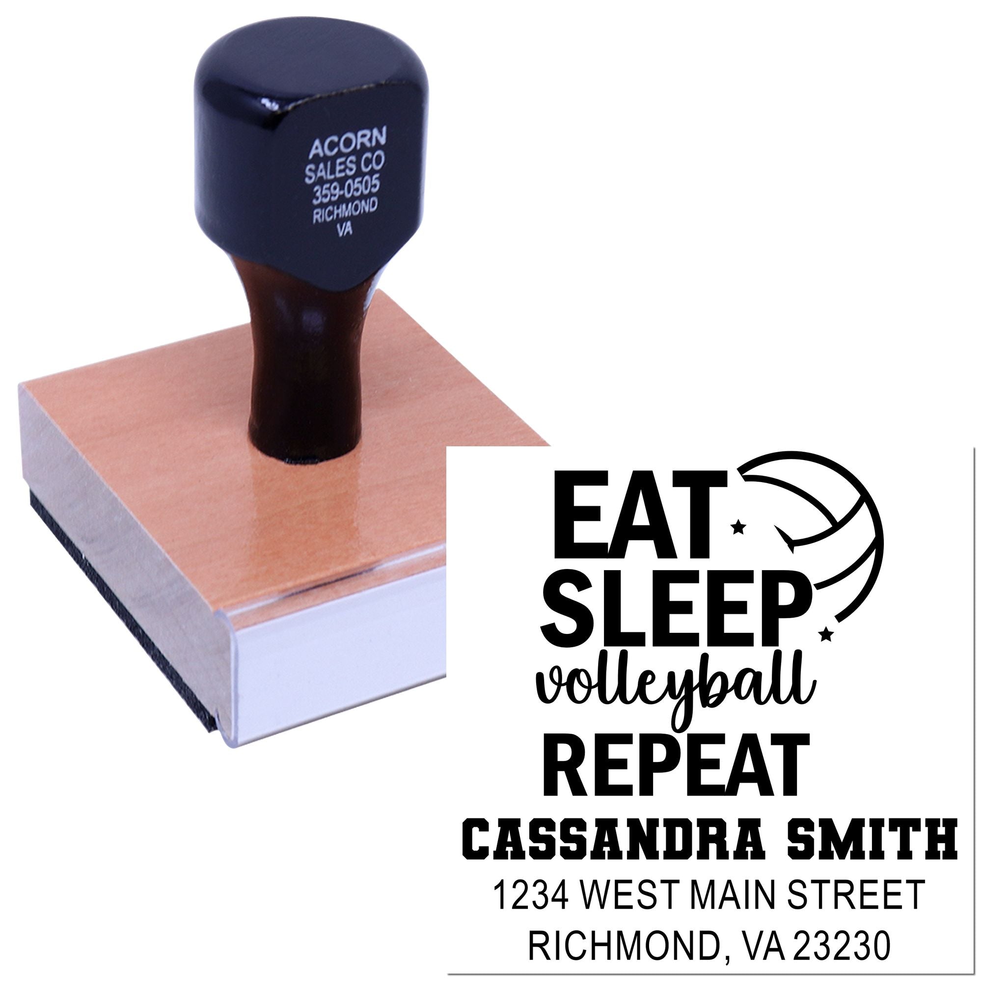 Personalized volleyball rubber stamp with Eat Sleep Volleyball Repeat design, name, and address for custom branding.