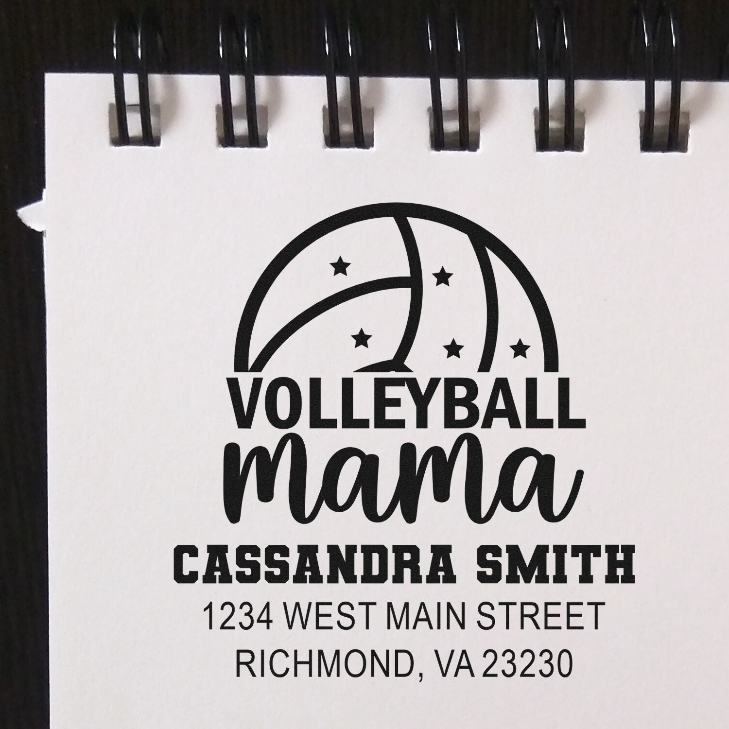 Custom volleyball mama return address rubber stamp for Cassandra Smith, with Richmond, VA address.