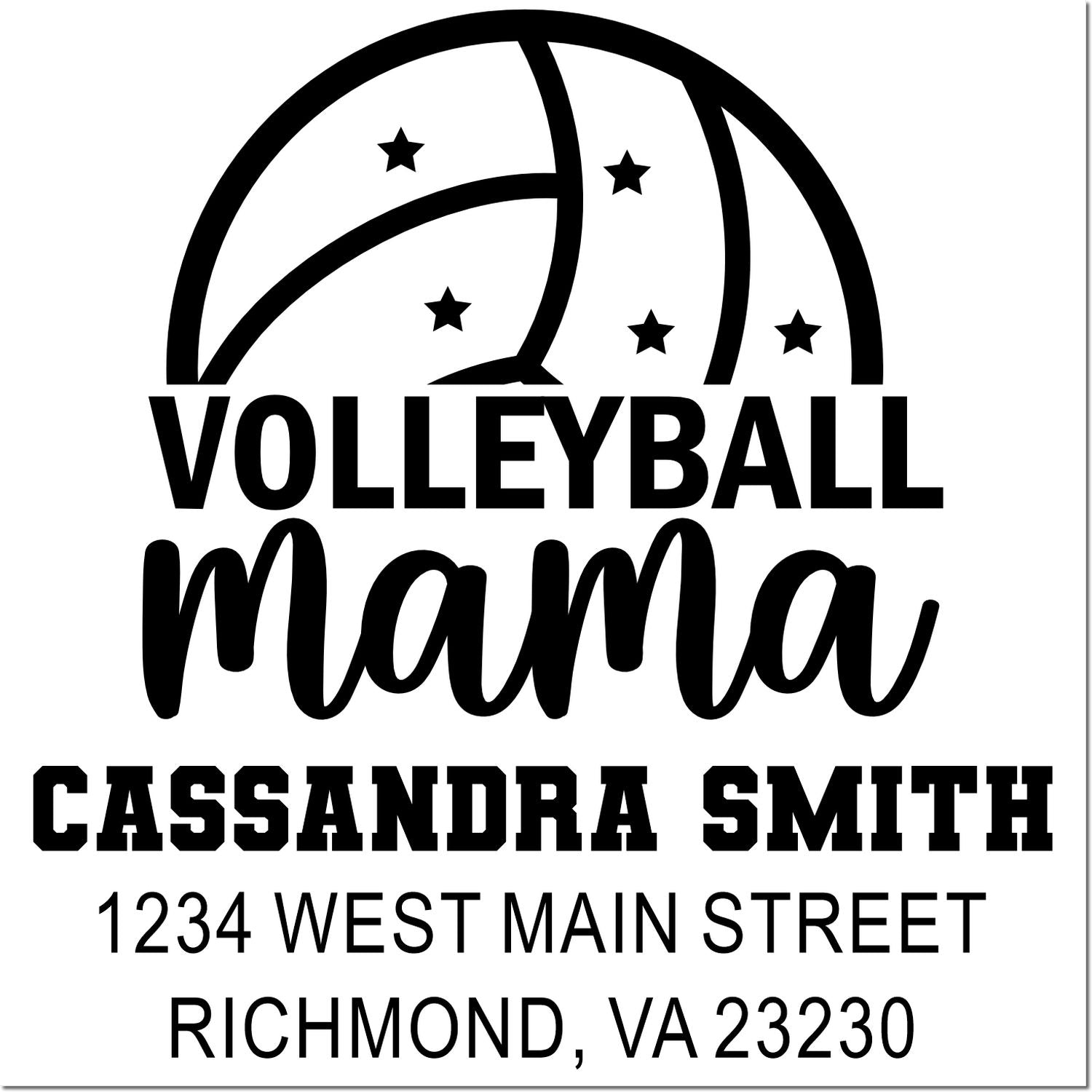 Personalized volleyball mom rubber stamp return address for Cassandra Smith, 1234 West Main Street, Richmond, VA 23230