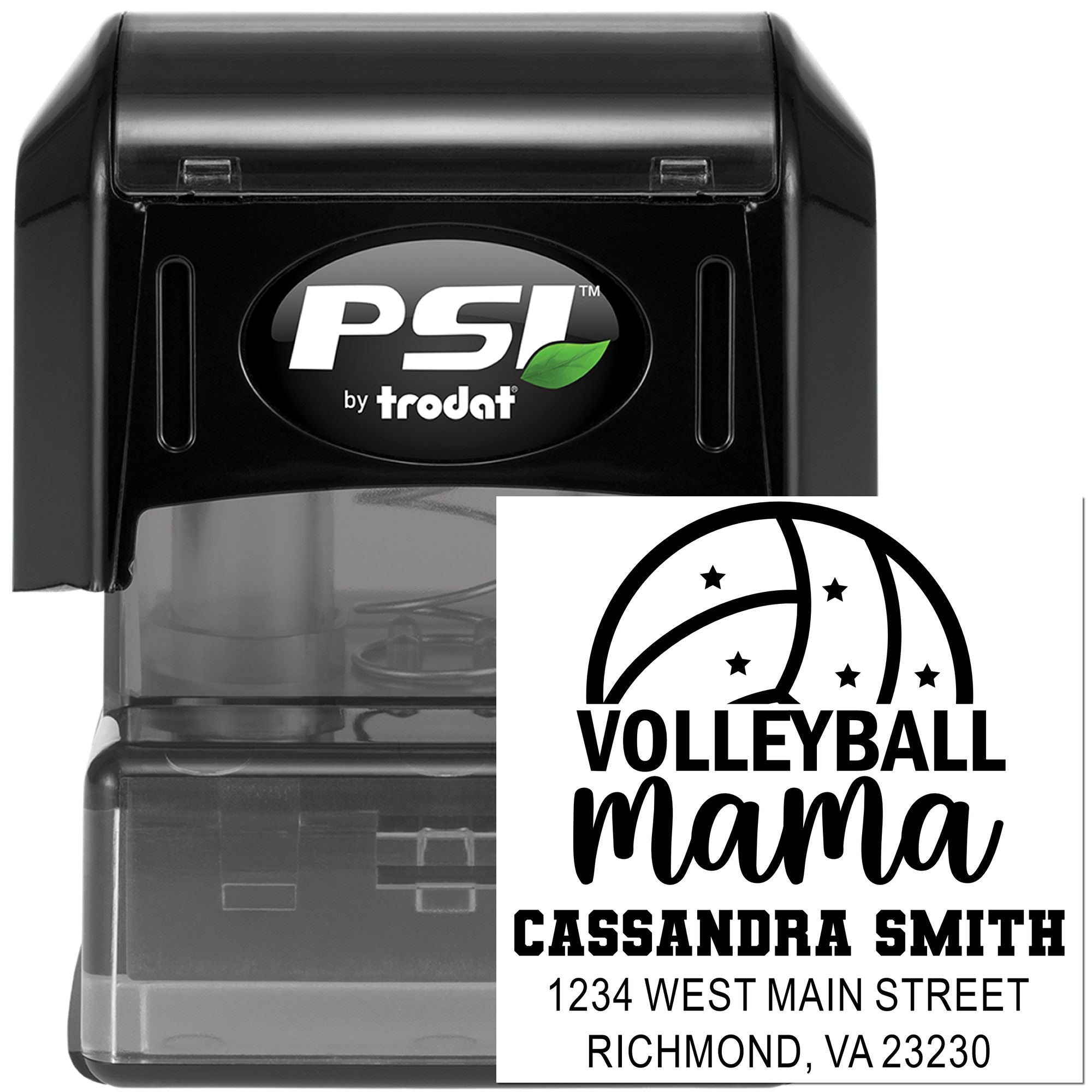 Custom self-inking rubber stamp for Volleyball Mama with personalized name and address, PSI by Trodat.