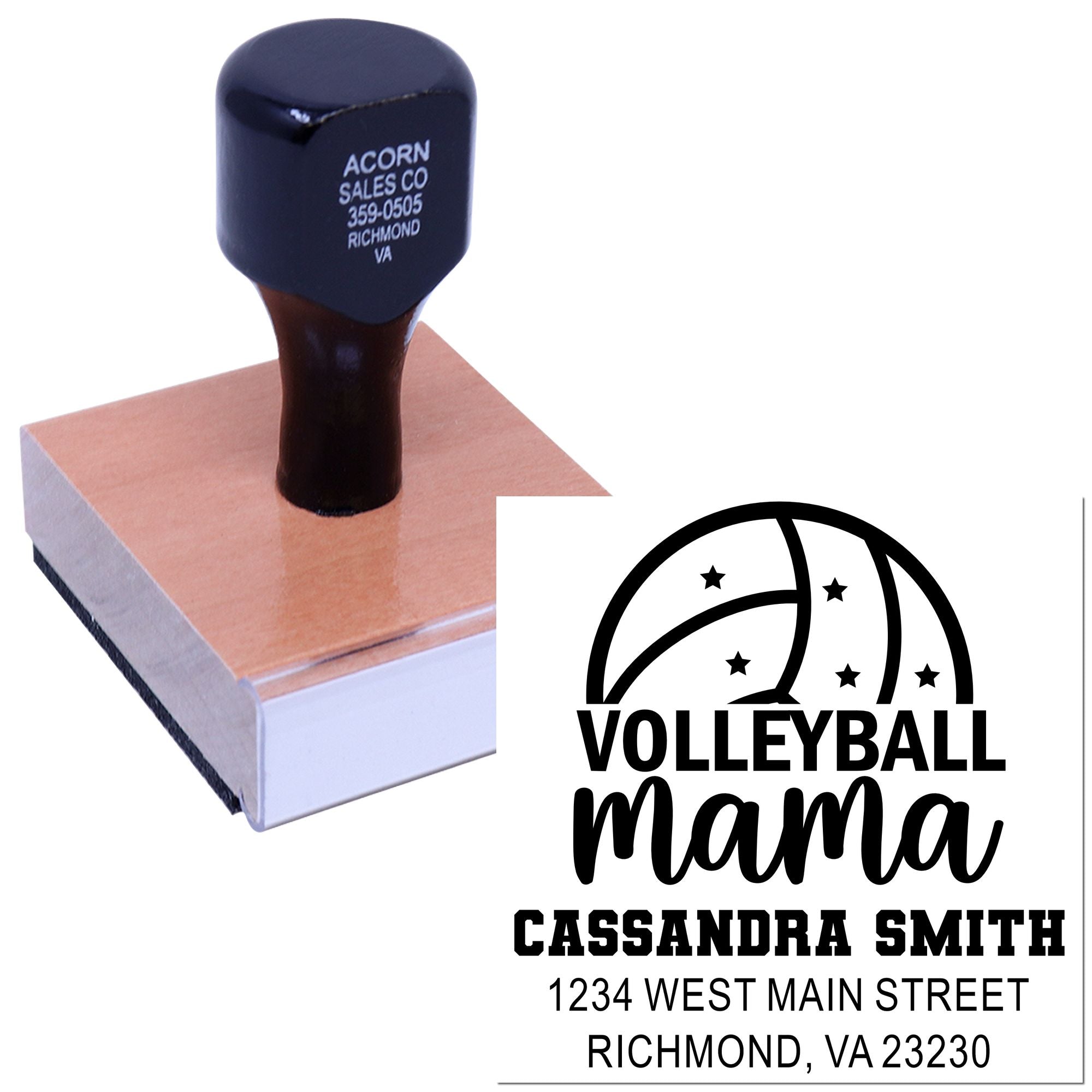Custom volleyball mama return address rubber stamp with personalized name and address imprint for sports fan stationery.