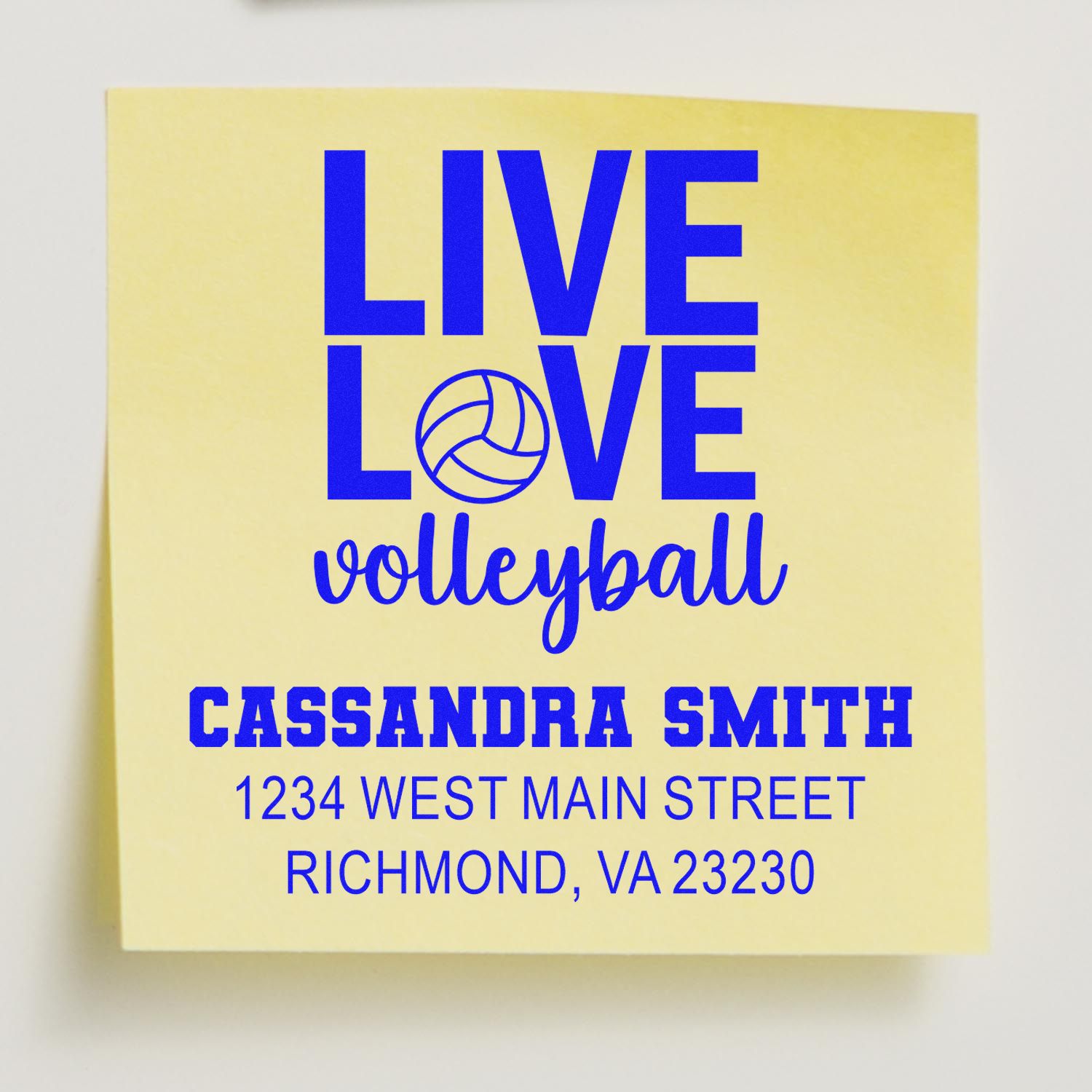 Personalized volleyball rubber stamp with Live Love Volleyball, name, and address for custom stationery or team gifts.