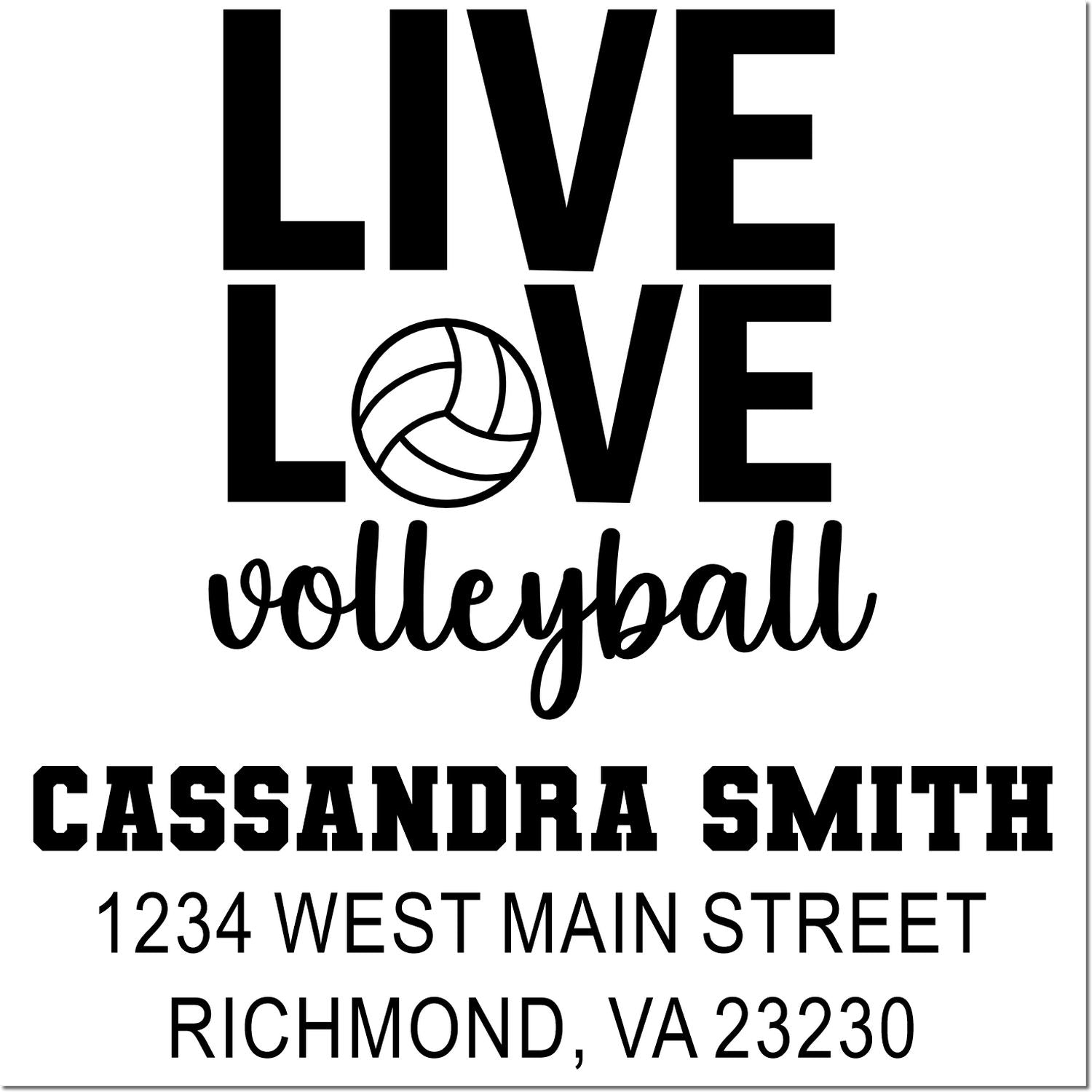 Custom volleyball return address rubber stamp with Live Love Volleyball, Cassandra Smith, and Richmond, VA address.