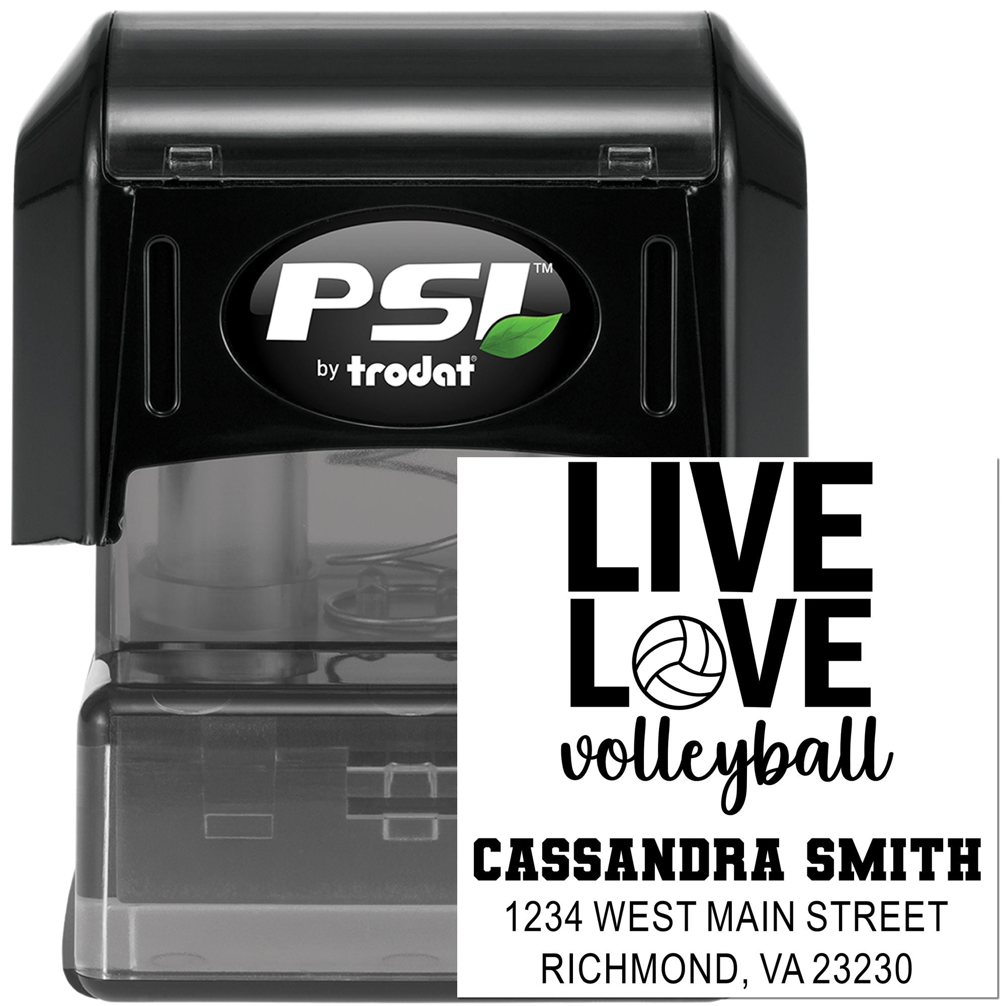 Personalized volleyball address rubber stamp, PSI by Trodat self-inking stamp with Live Love Volleyball design.