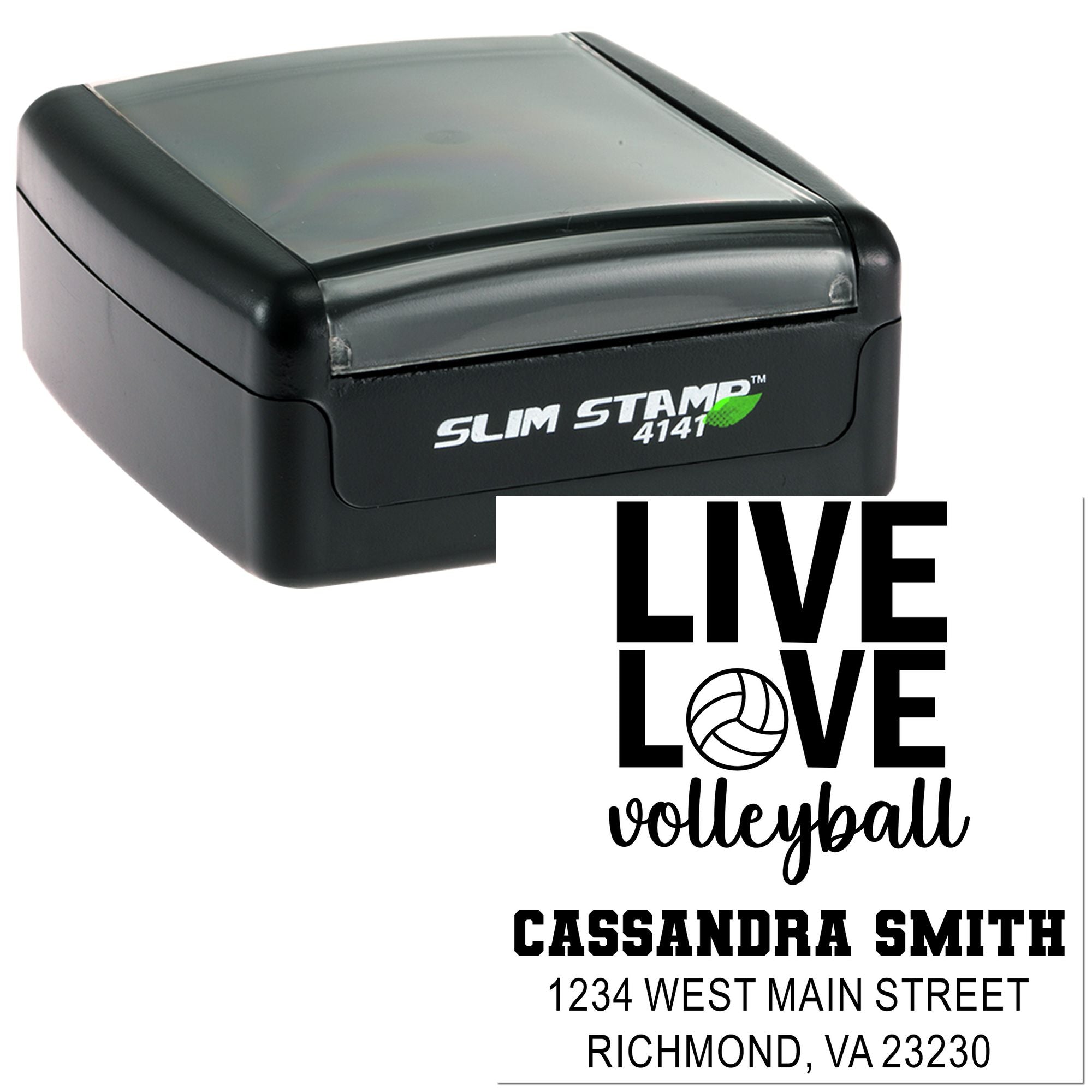 Custom volleyball rubber stamp with Live Love Volleyball design, Cassandra Smith name, and Richmond, VA address.