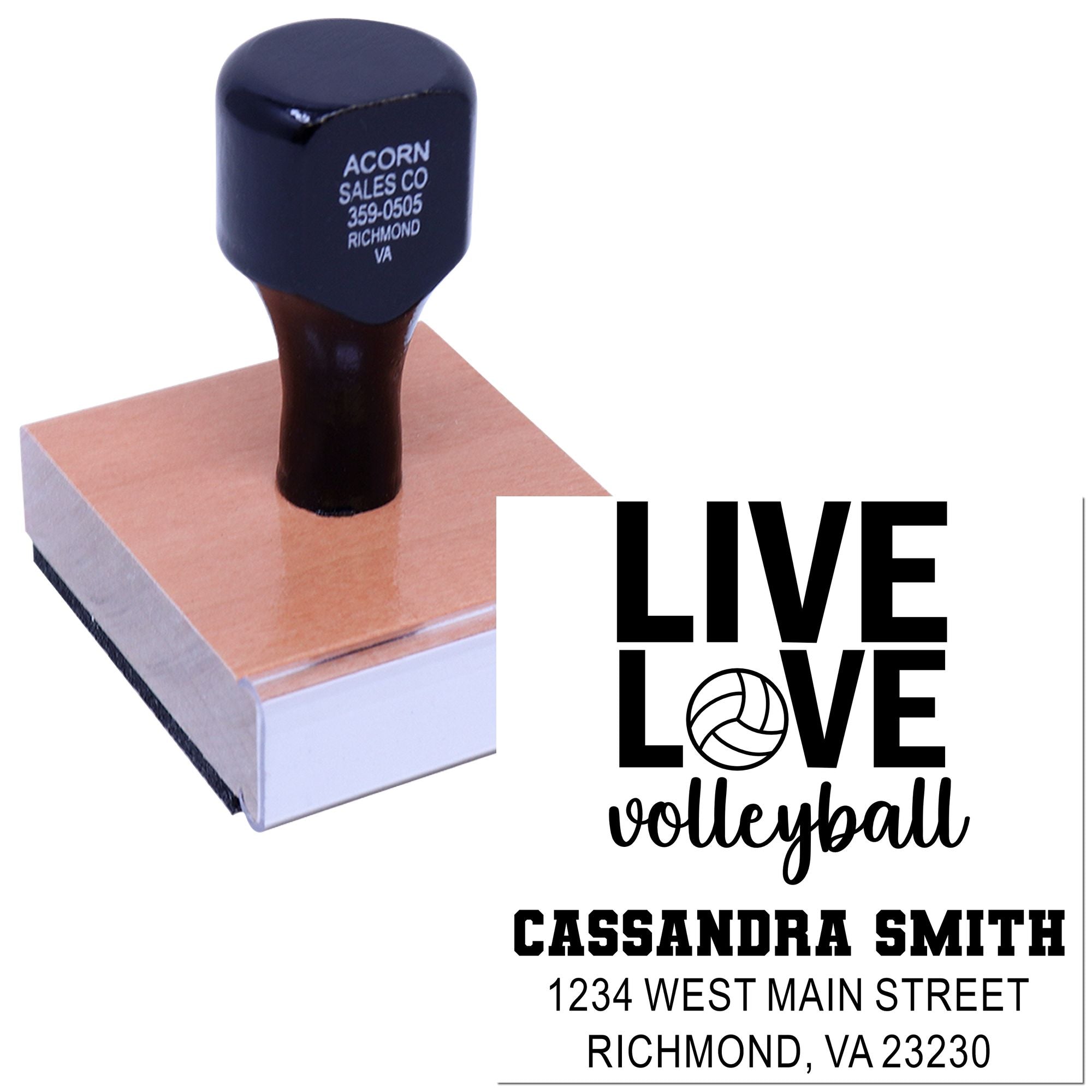 Custom volleyball rubber stamp with Live Love Volleyball design and personalized name and address stamp layout.