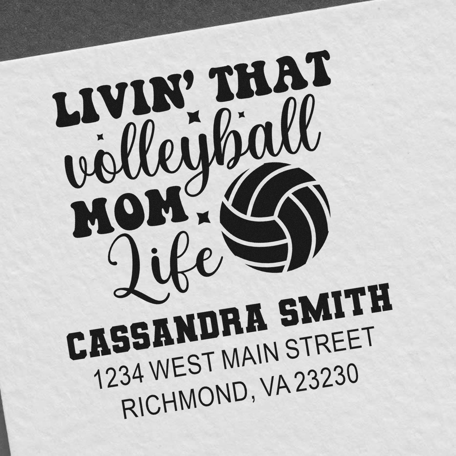 Custom volleyball mom life rubber stamp with name and address, personalized for family stationery and sports-themed mail