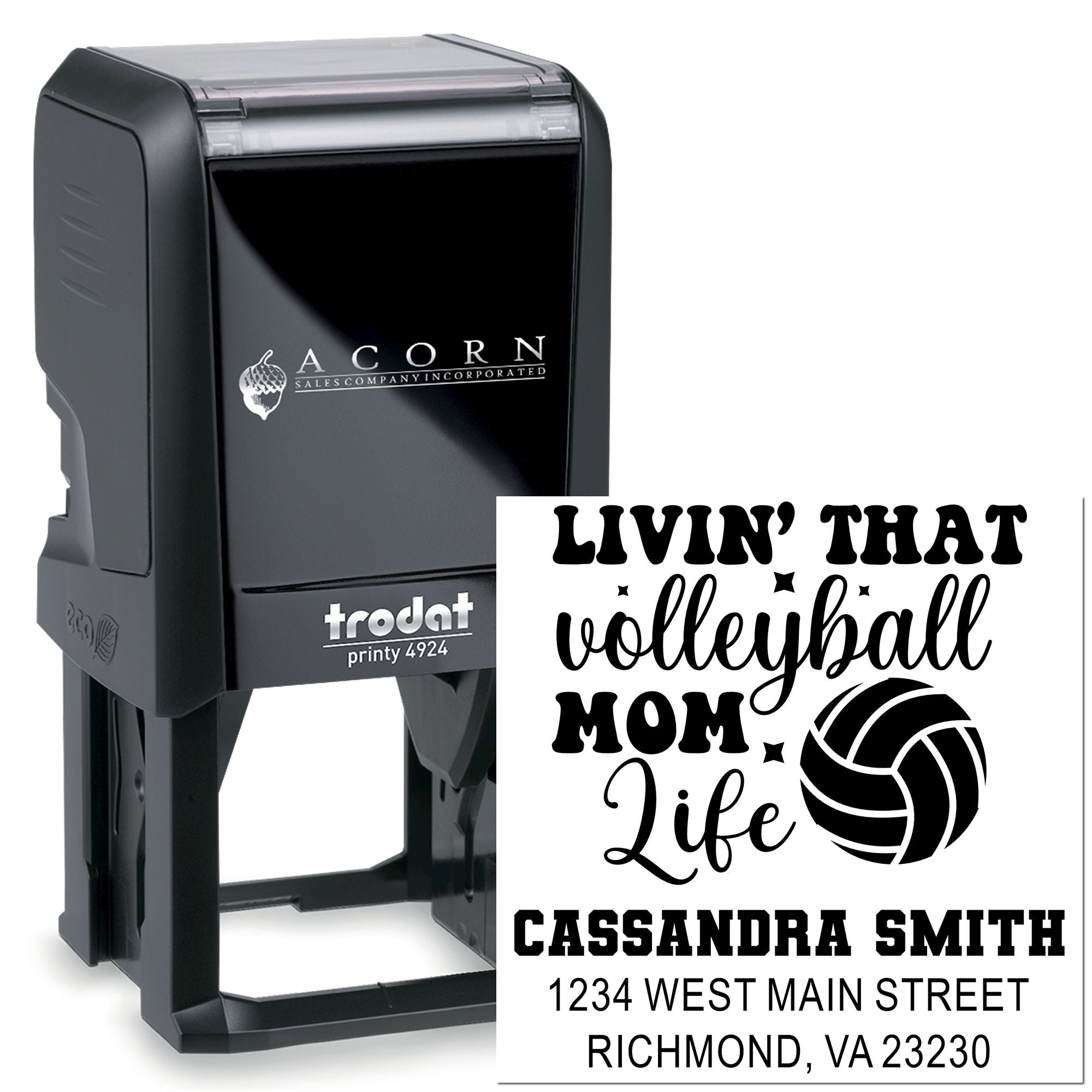 Custom self-inking rubber stamp with Livin that volleyball mom life design, name, and address for personalized sports mail.