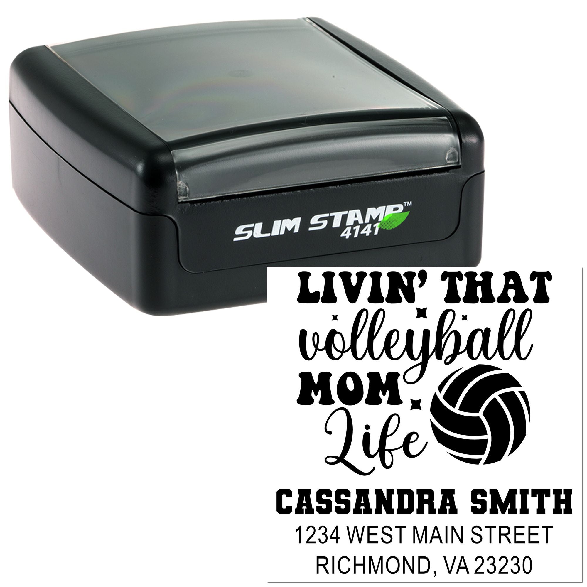 Personalized self-inking rubber stamp for Volleyball Mom, with name and address for custom return labeling.