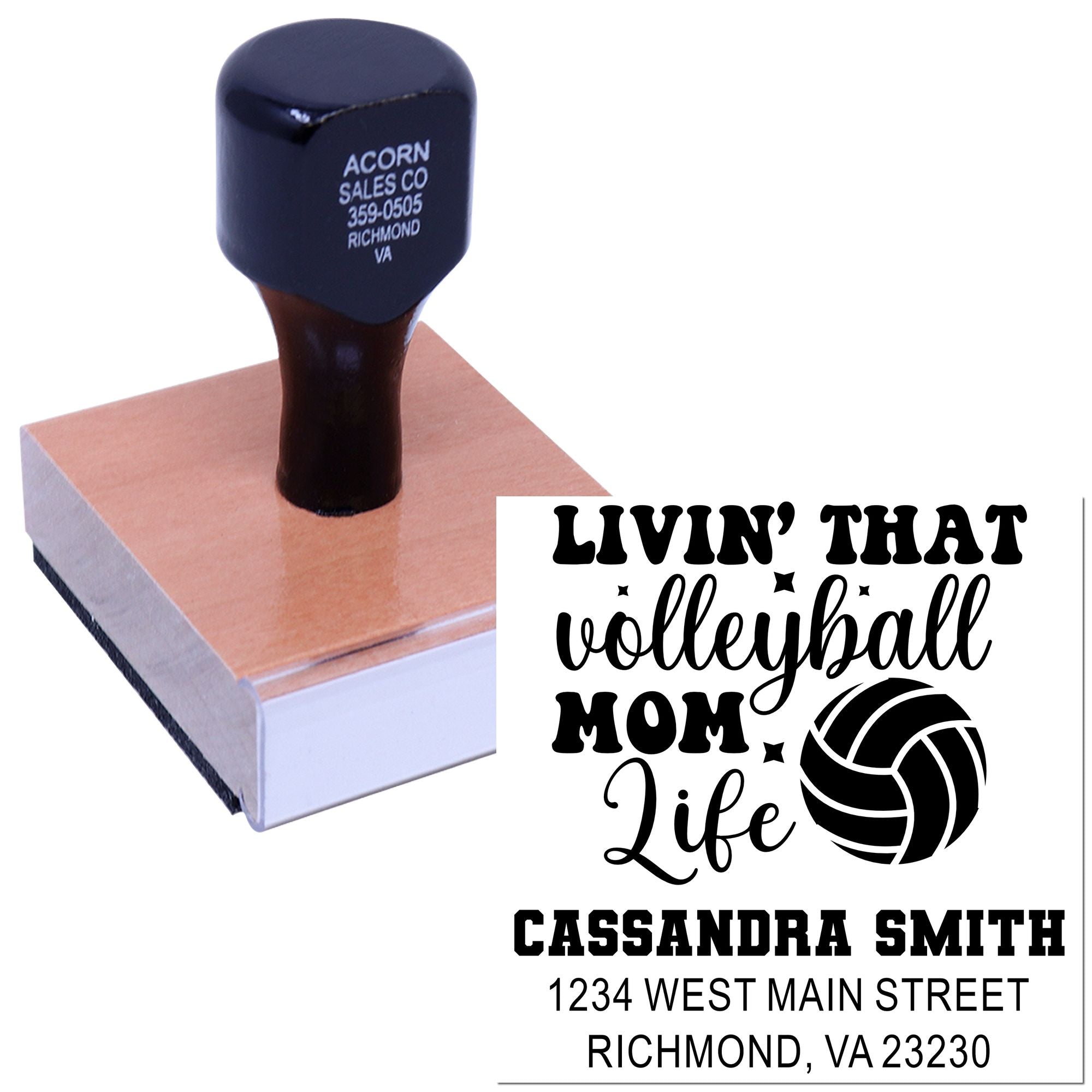 Personalized rubber stamp for volleyball mom life with name, address, and volleyball graphic.