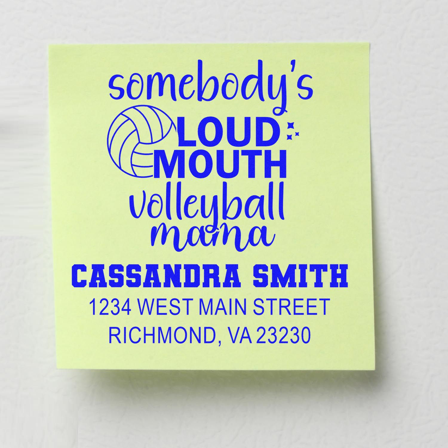 Custom volleyball mama rubber stamp with loud mouth design, name, and address for Cassandra Smith in Richmond, VA 23230.