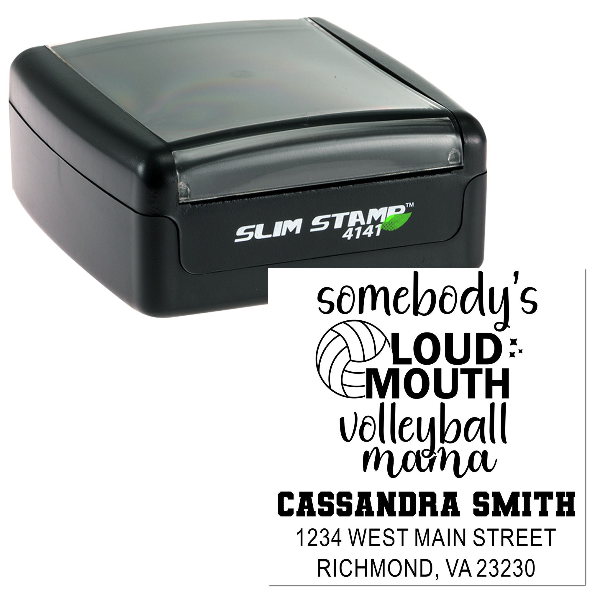Custom self-inking rubber stamp preview for volleyball mama address stamp, shown in Slim Stamp 4141 case.