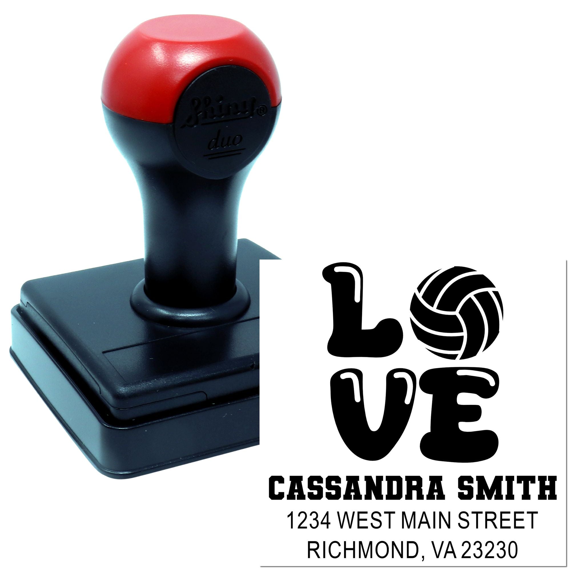Custom self-inking rubber address stamp with volleyball LOVE design and name and address imprint.