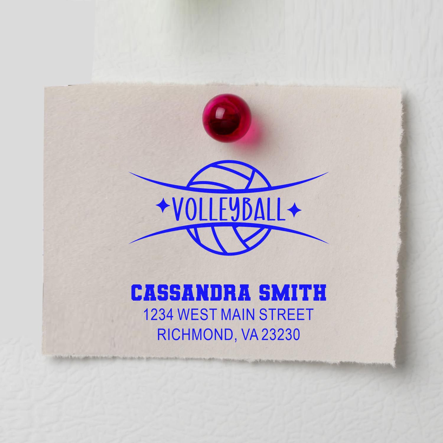Custom volleyball rubber stamp for Cassandra Smith with Richmond, VA address and sports logo in blue ink.