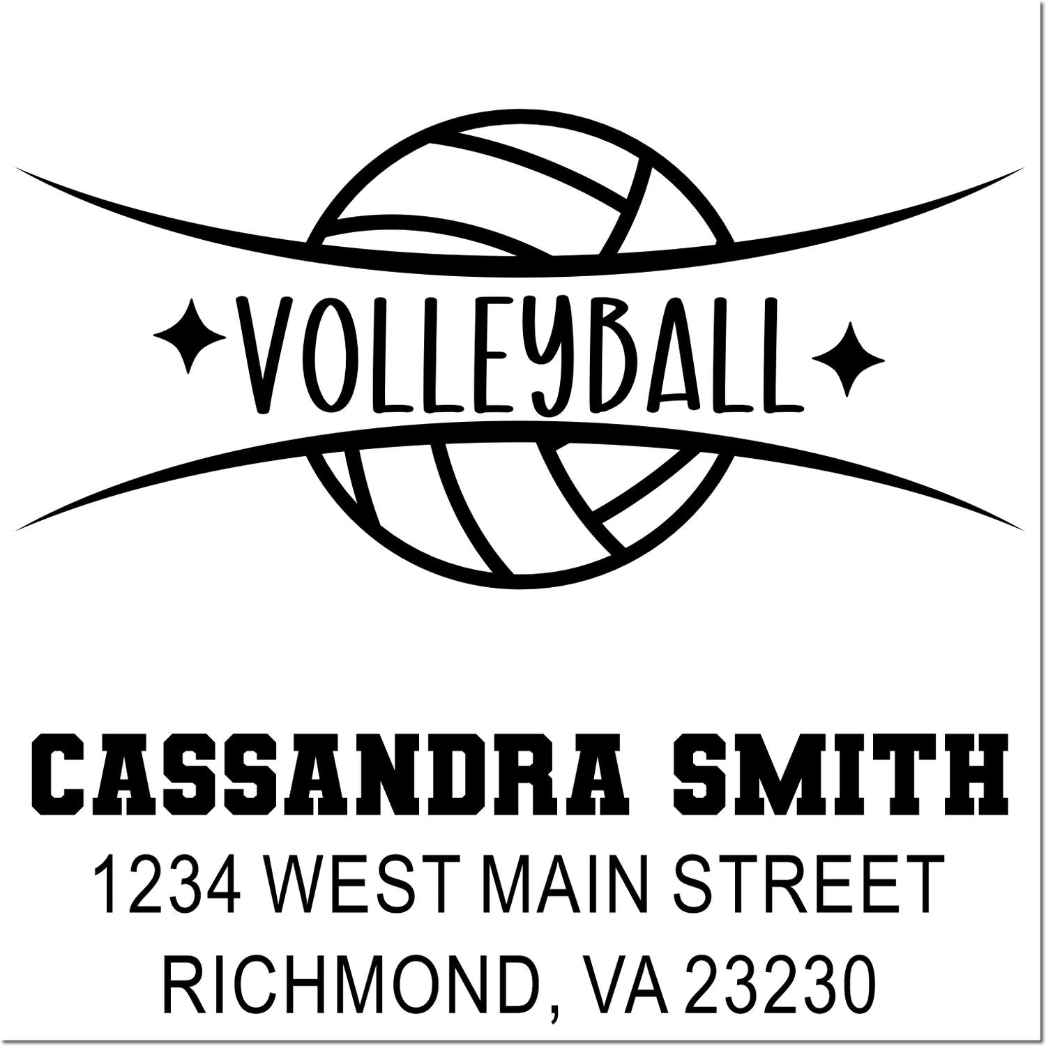 Custom volleyball rubber stamp with ball graphic, Cassandra Smith name, and Richmond, VA address for mailing and stationery.