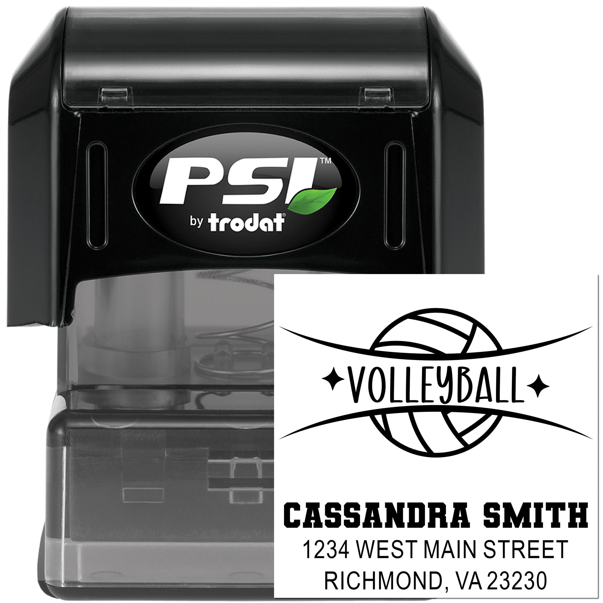 Personalized volleyball address rubber stamp by PSI Trodat with Cassandra Smith name and Richmond, VA return address.