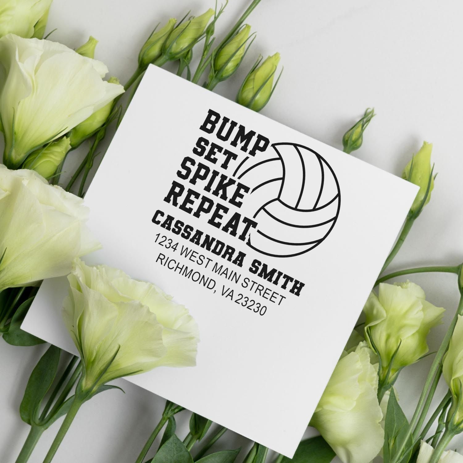 Personalized volleyball address rubber stamp with Bump Set Spike Repeat, Cassandra Smith, and Richmond, VA address.