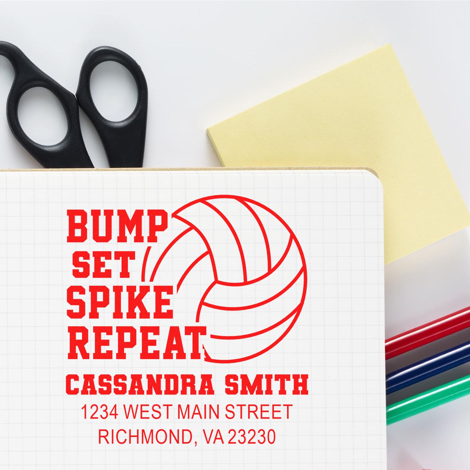 Custom volleyball return address rubber stamp with Bump Set Spike Repeat for Cassandra Smith.