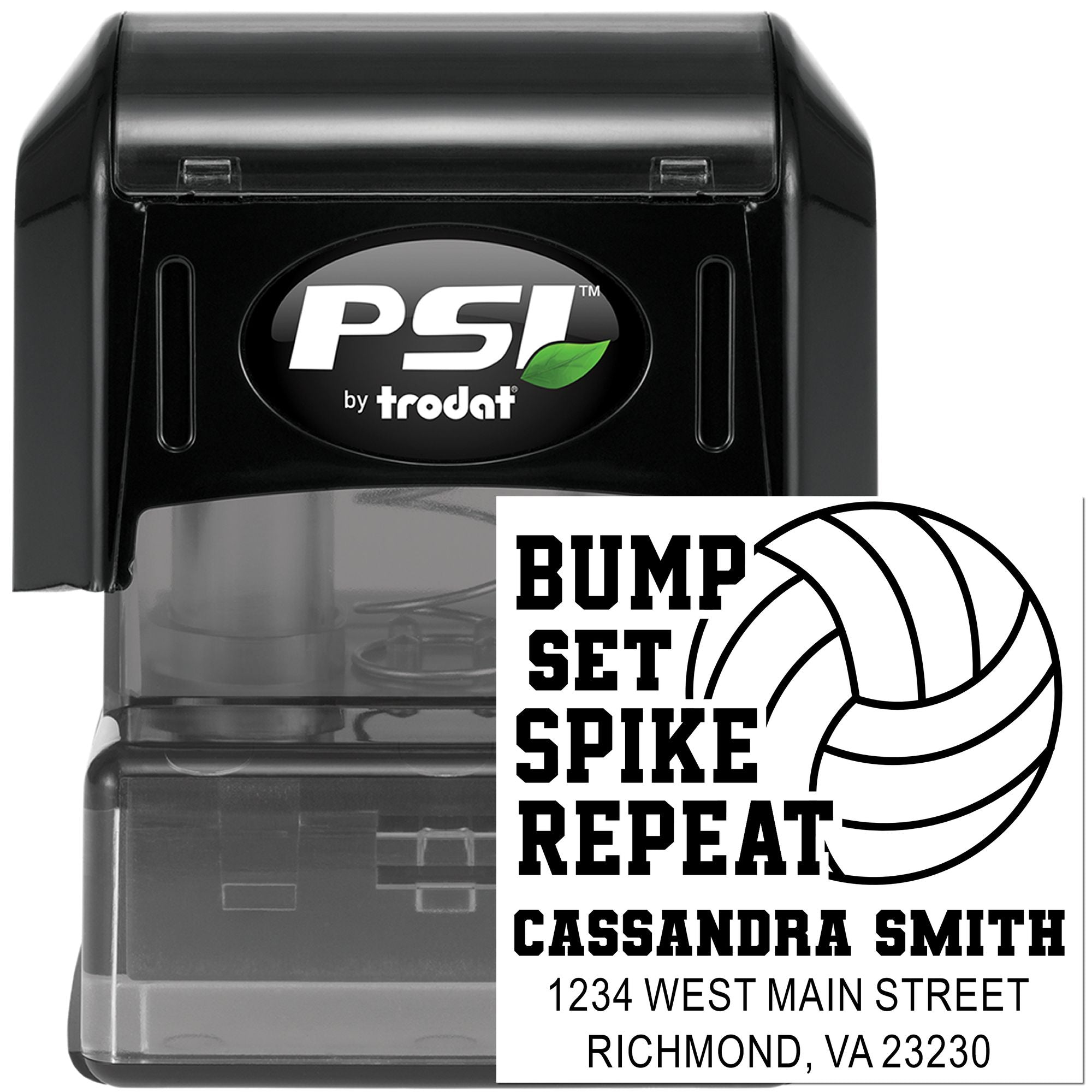 Personalized volleyball return address self-inking rubber stamp with Bump Set Spike Repeat design for Cassandra Smith.