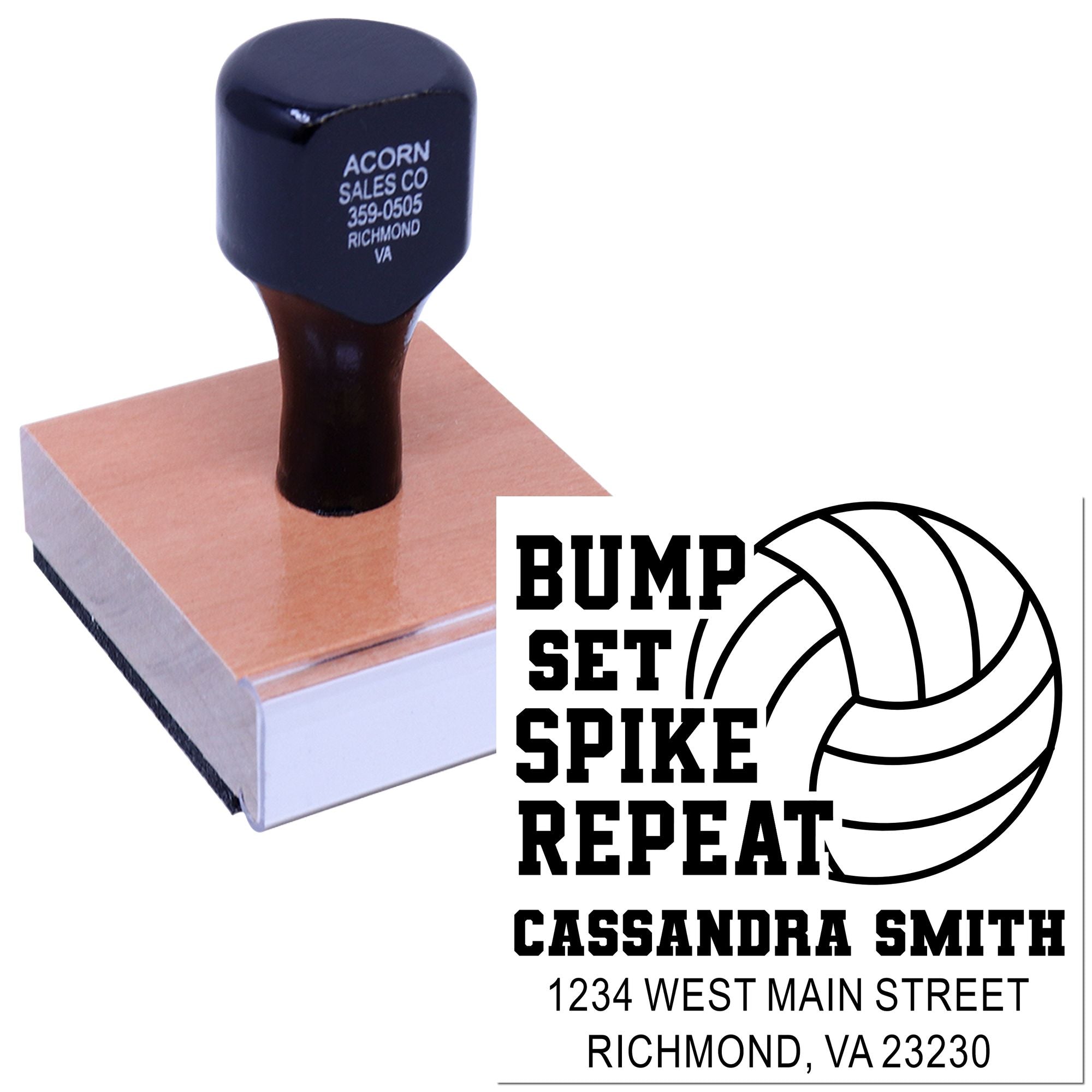 Custom rubber stamp and imprint for volleyball team, featuring personalized name, slogan, and address.