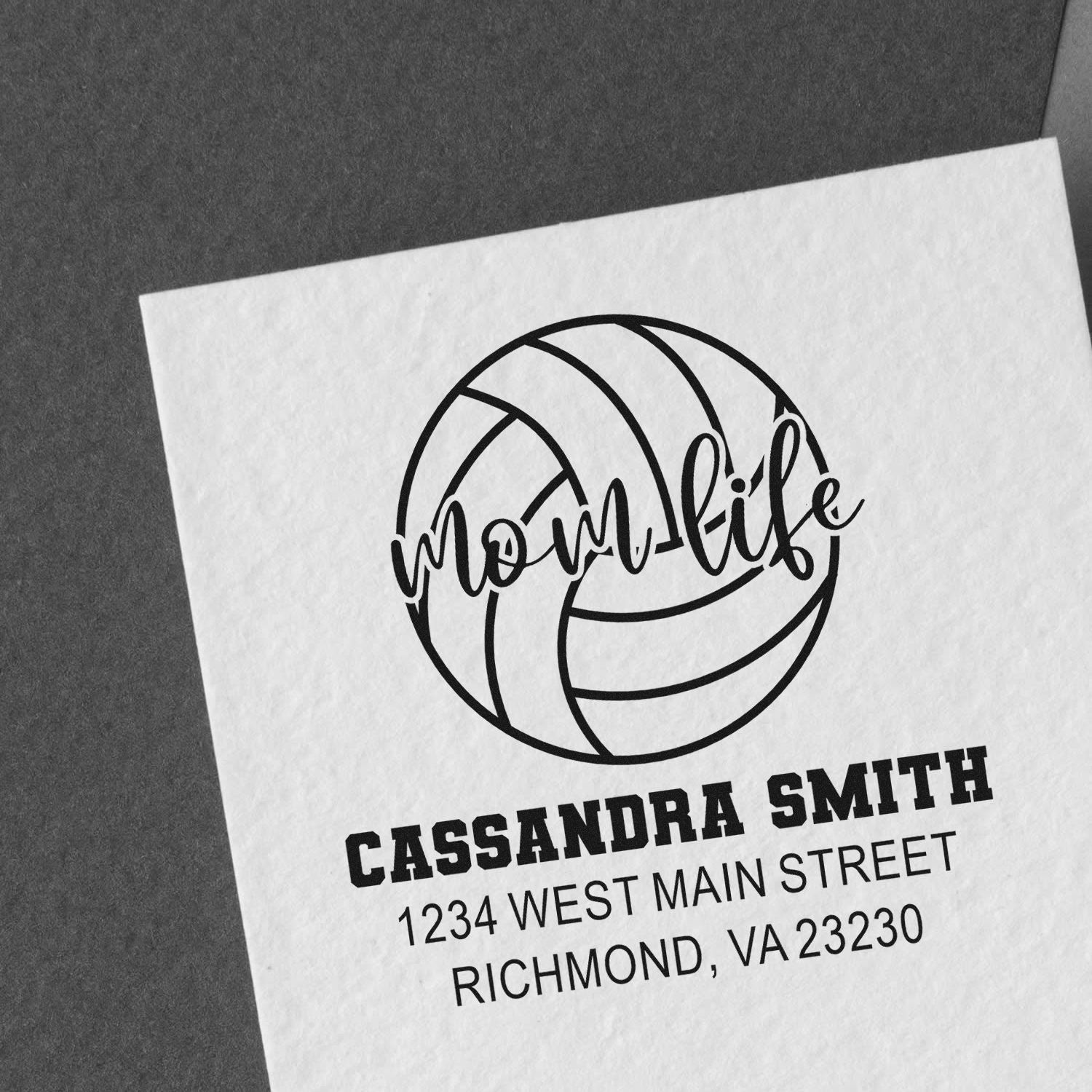 Custom volleyball mom rubber stamp with personalized return address for Cassandra Smith