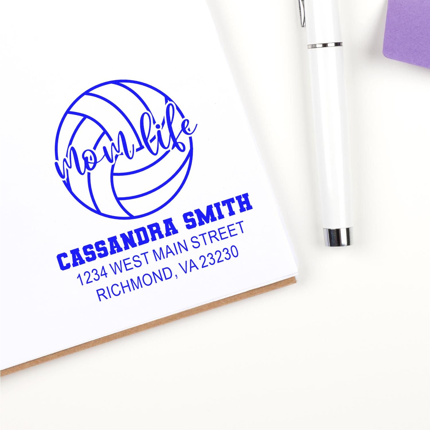 Personalized volleyball return address rubber stamp for Cassandra Smith in Richmond, VA.