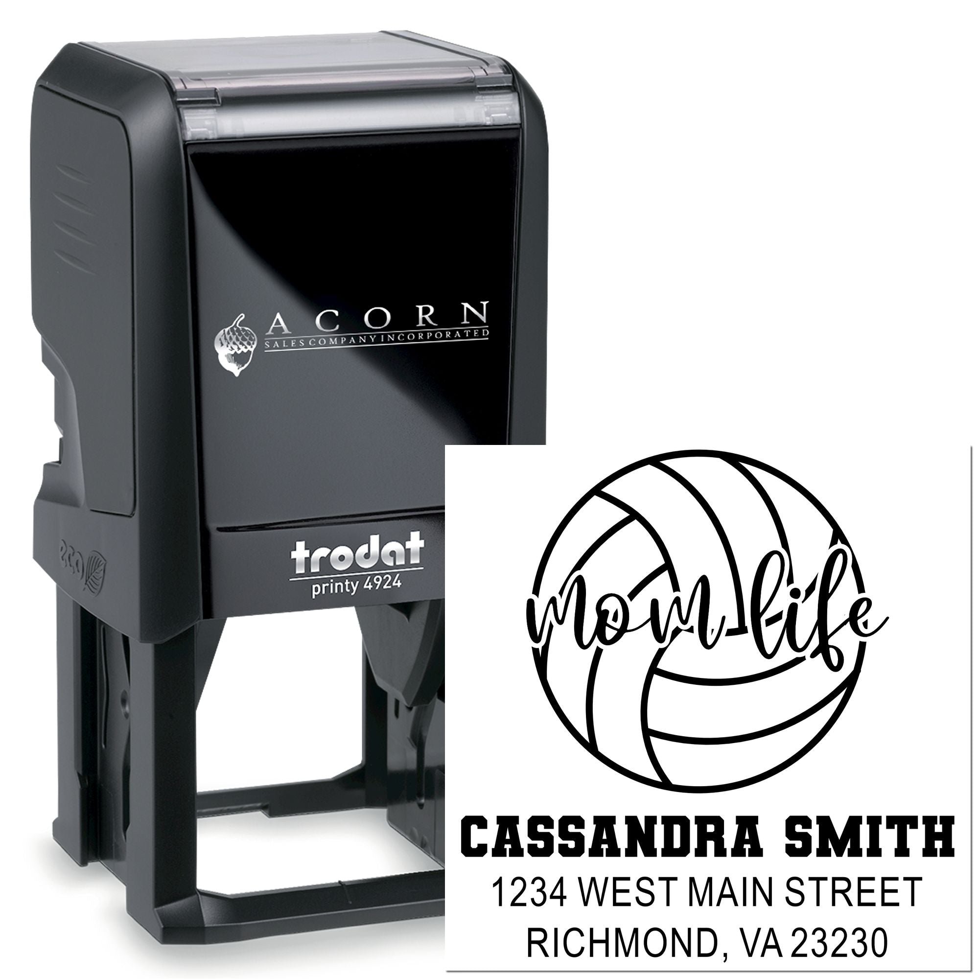 Custom self-inking rubber address stamp with Mom Life logo and Cassandra Smith address, Trodat Printy 4924.