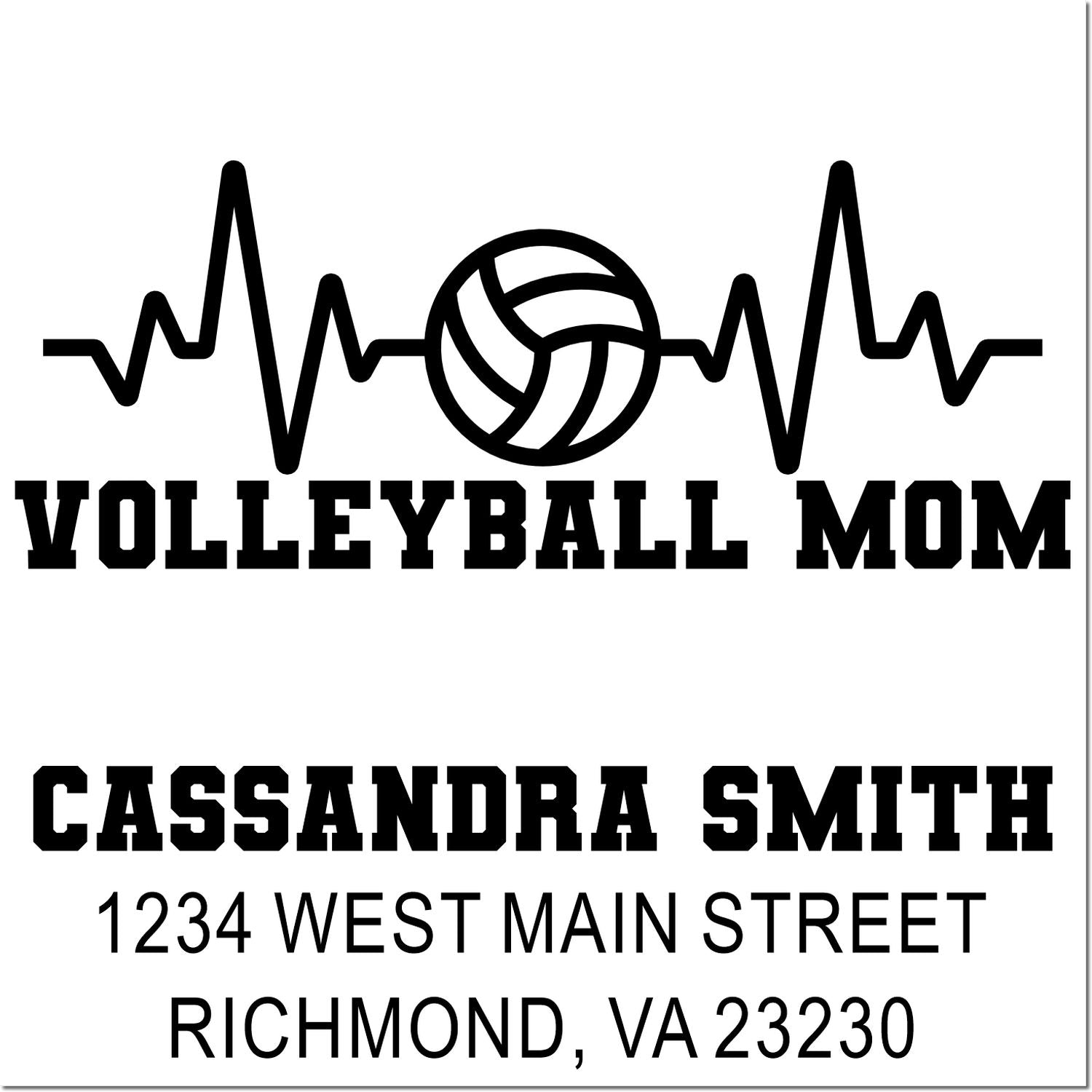 Personalized volleyball mom rubber stamp with heartbeat volleyball graphic, Cassandra Smith name, and Richmond, VA address.