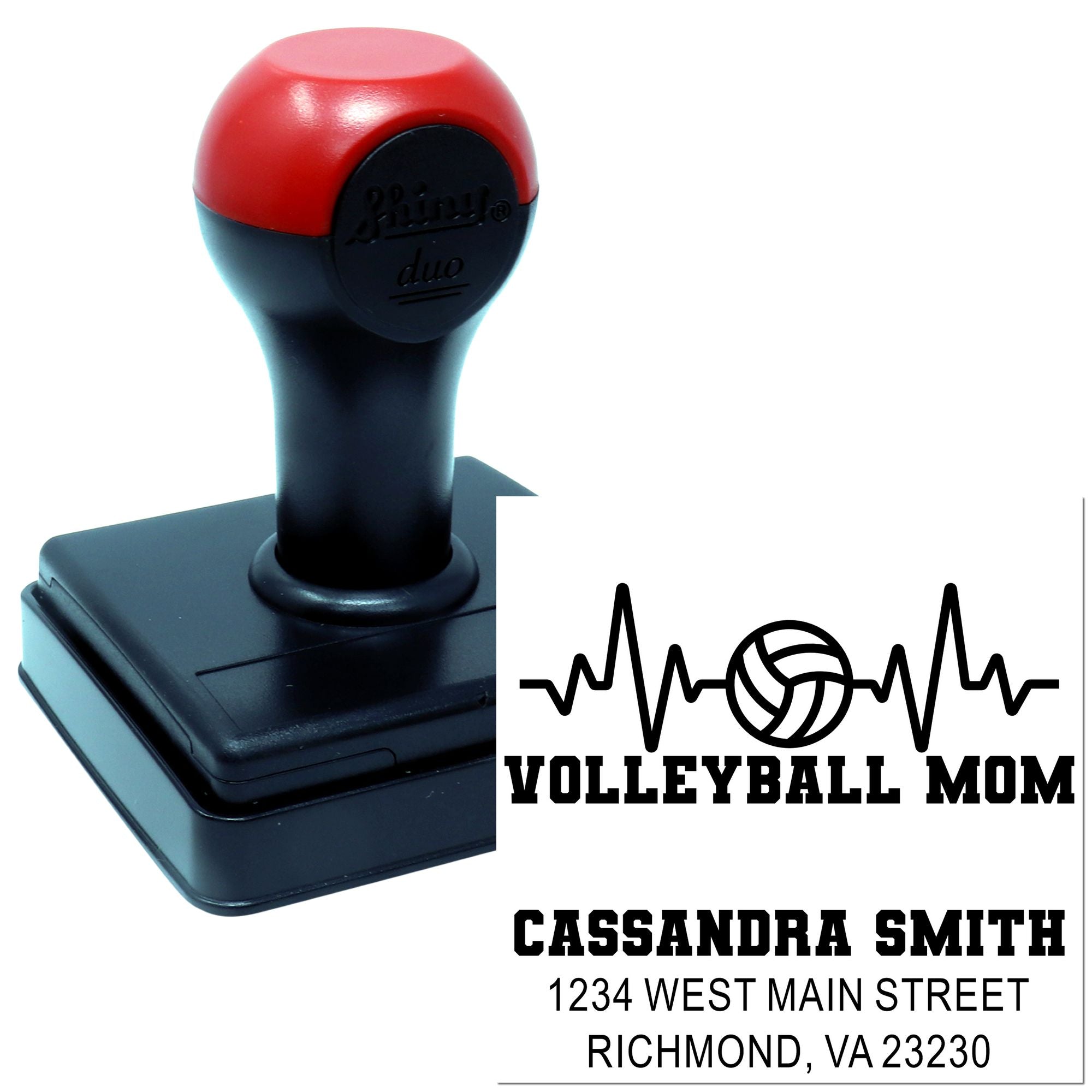 Personalized self-inking rubber stamp for Volleyball Mom with name, address, and team-themed design.