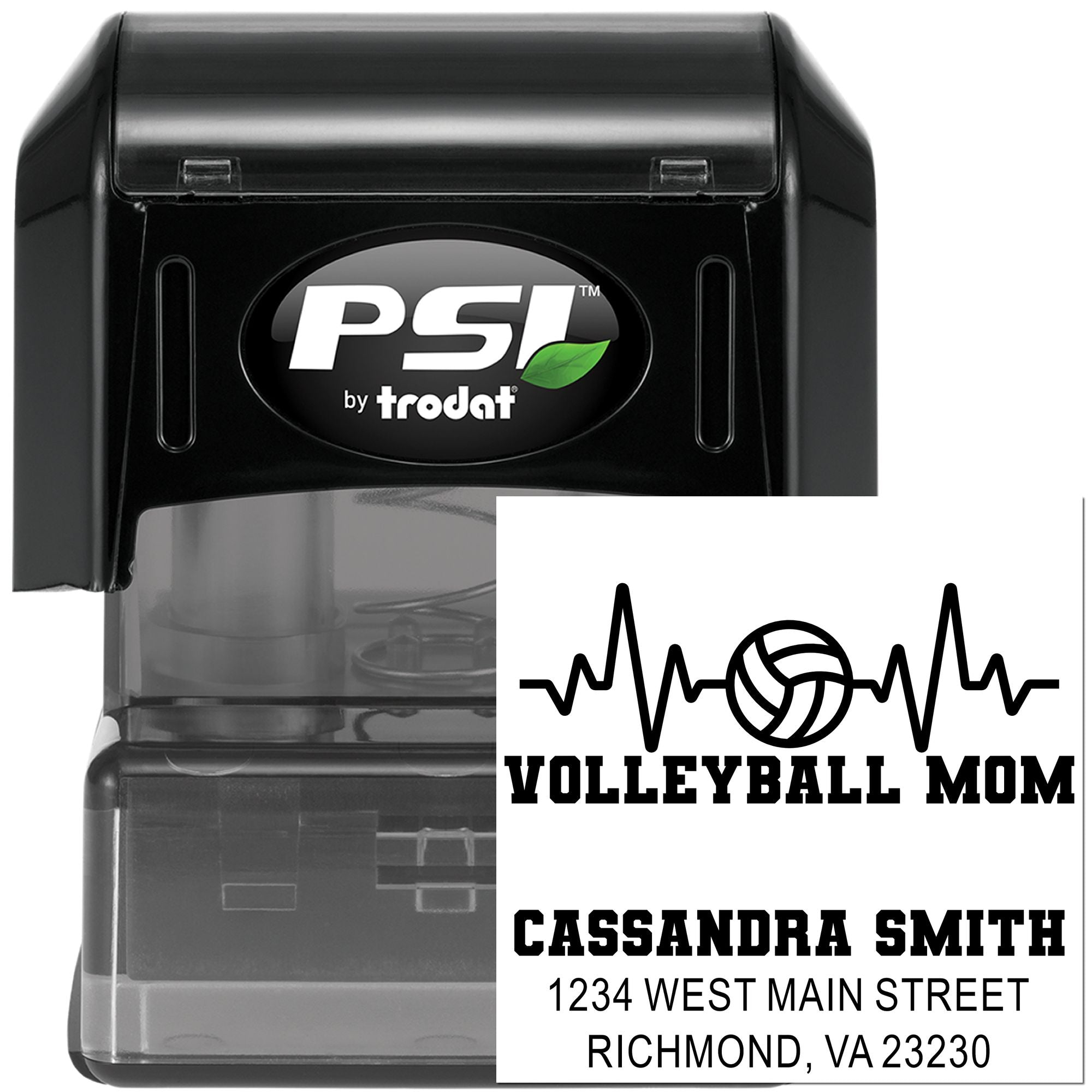 Custom self-inking address rubber stamp for Volleyball Mom Cassandra Smith, featuring name, address, and volleyball design.
