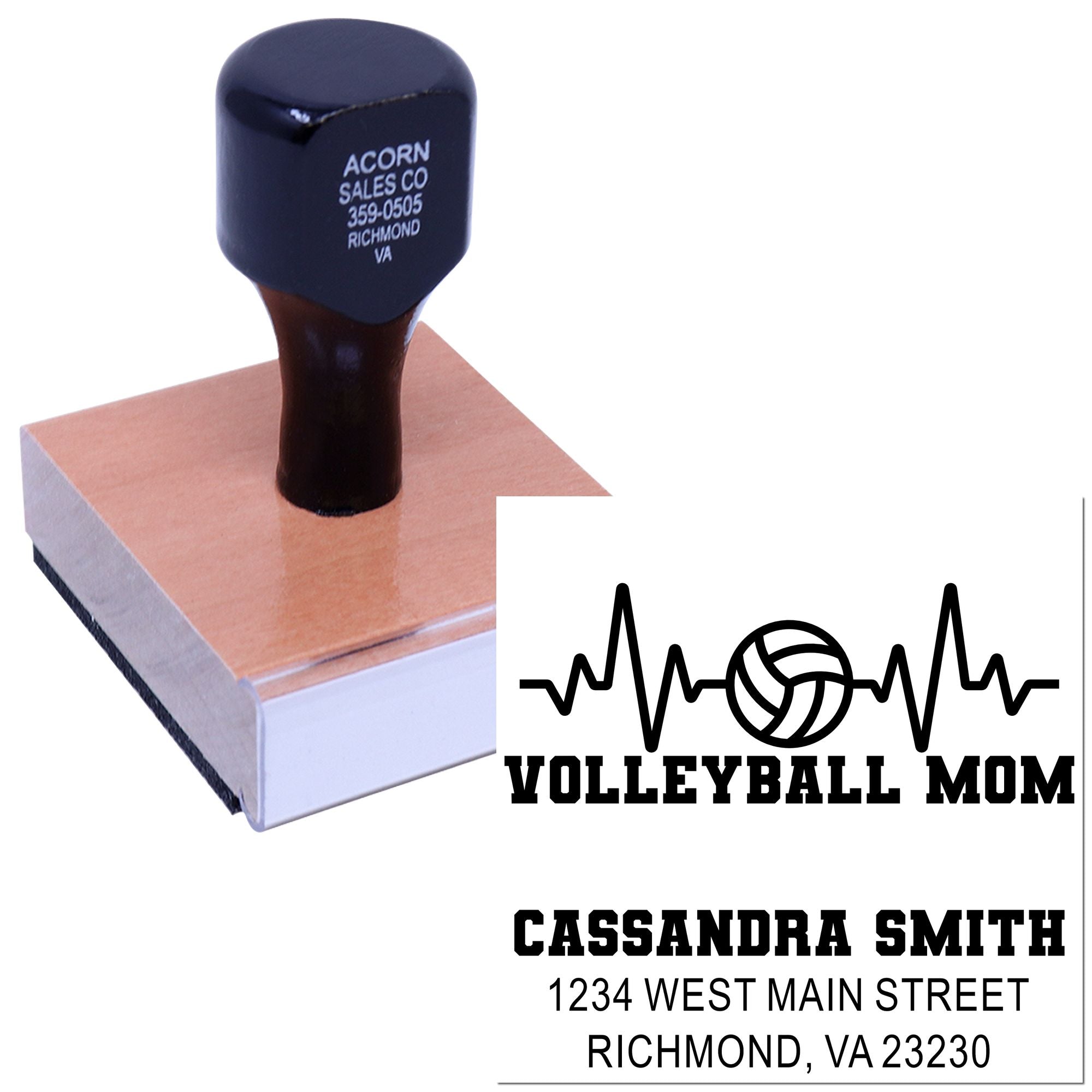 Custom rubber stamp for Volleyball Mom with personalized name and address, ideal for stationery, gifts, and event mailings.