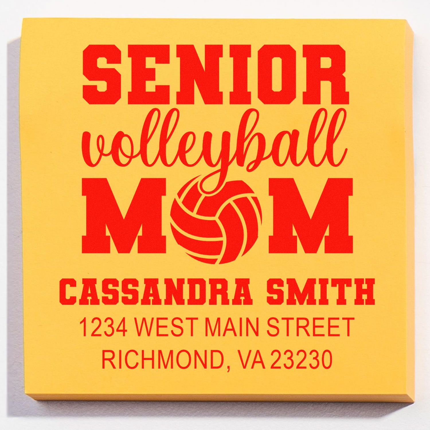 Personalized senior volleyball mom rubber stamp with name and Richmond, VA address for school gifts and mailings.