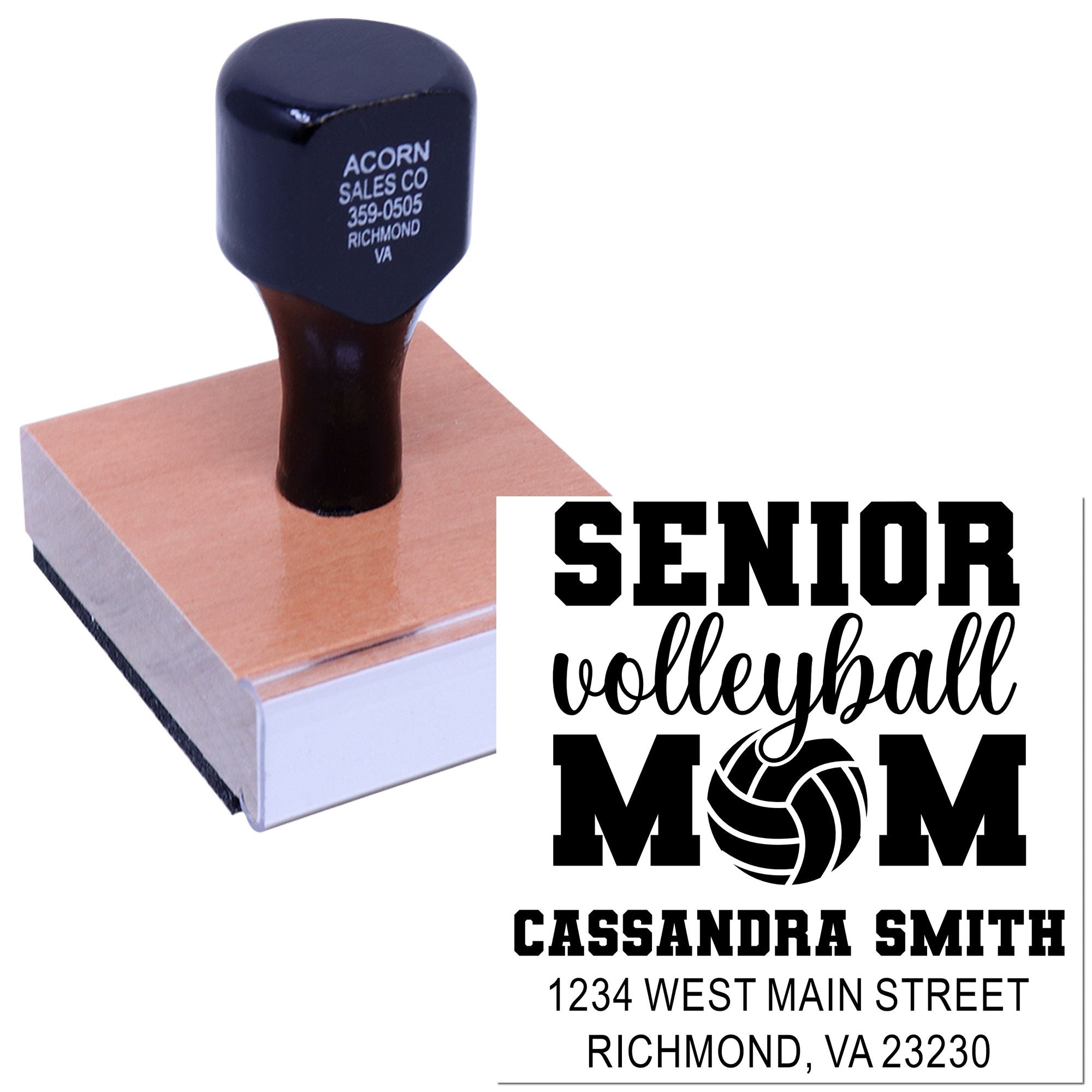 Senior volleyball mom custom rubber stamp with personalized name and address for invitations, crafts, and sports team gifts