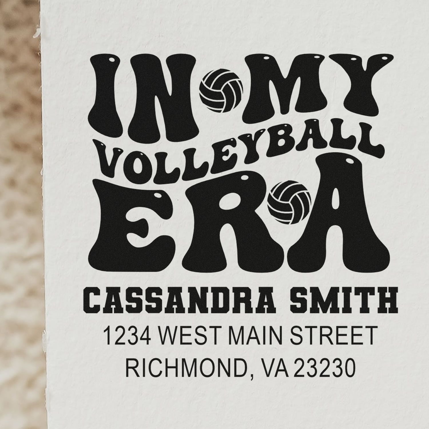 Custom volleyball return address rubber stamp reading In My Volleyball Era with personalized name and address.
