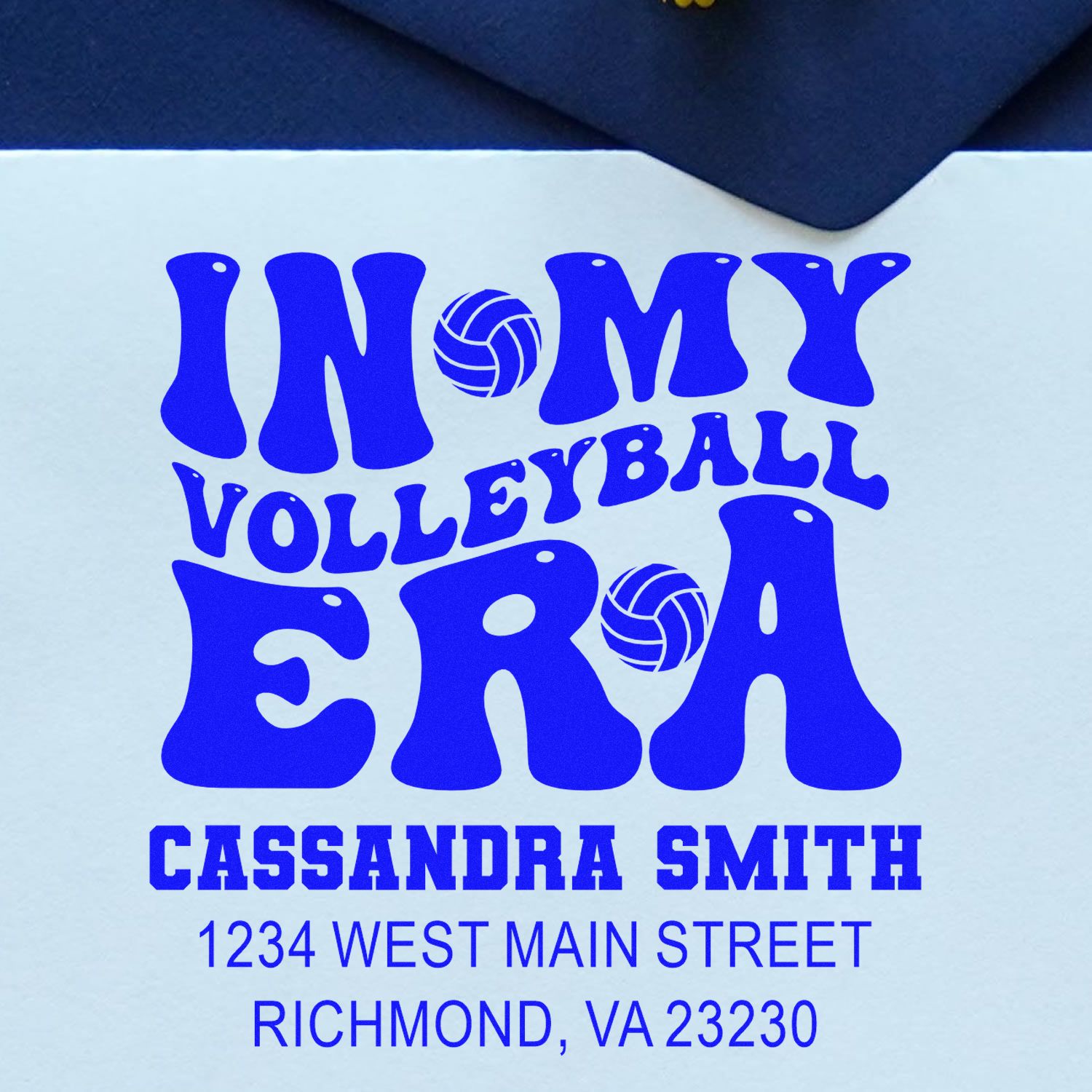 Custom volleyball rubber stamp with In My Volleyball Era, name, and address for personalized return mail.