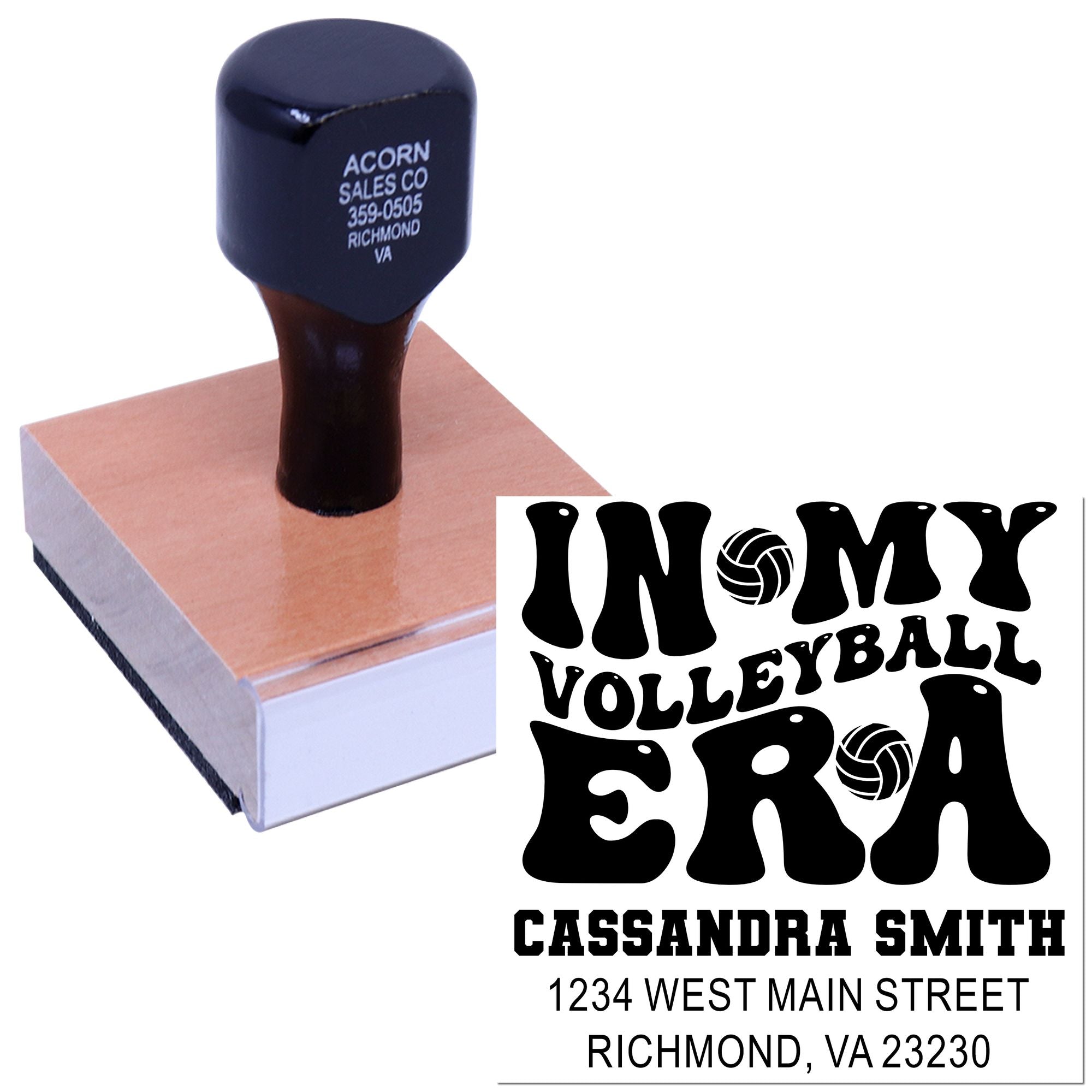 Custom rubber stamp with volleyball era logo, personalized name and address imprint for Cassandra Smith mailing use.
