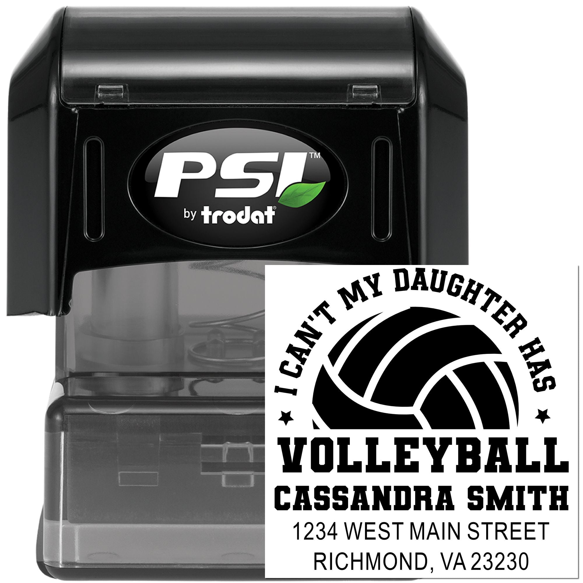 Custom volleyball return address rubber stamp, PSI by Trodat self-inking stamp for parents, personalized name and address.